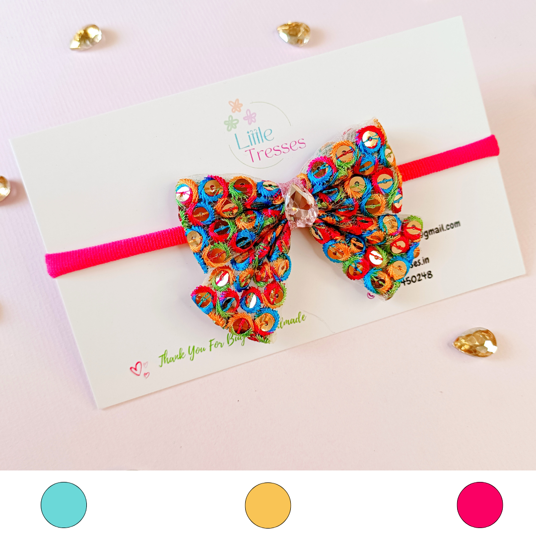 Mirror Work Piggy Tail Bow Soft Stretchable Headband - 3 Colors