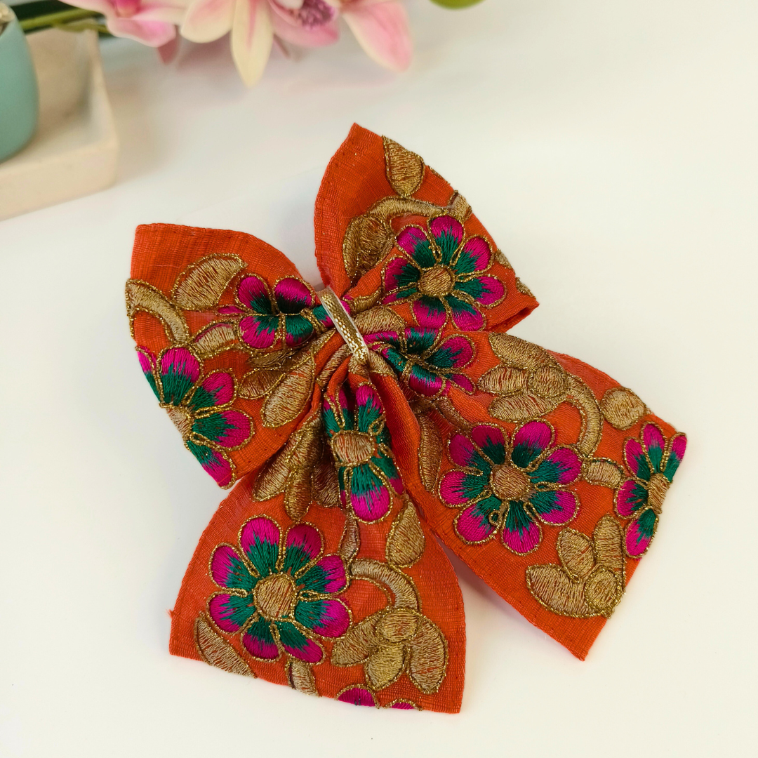 Phoolwari Big Bow Alligator Clip - Orange