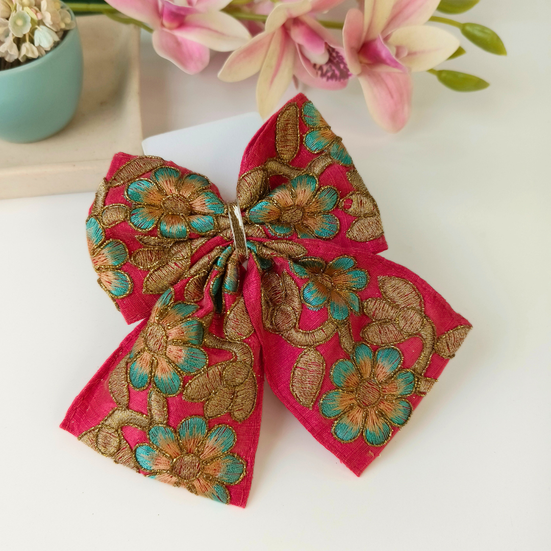 Phoolwari Big Bow Alligator Clip - Peach
