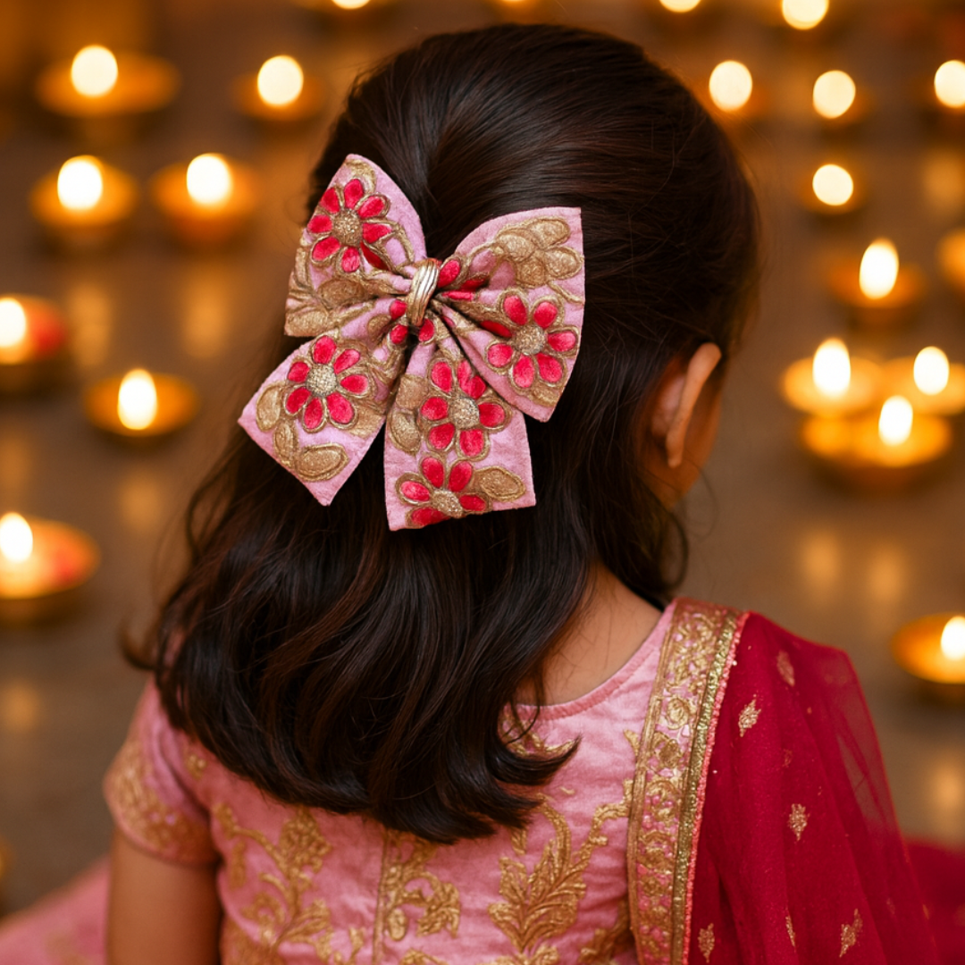 Phoolwari Big Bow Alligator Clip - Light Pink