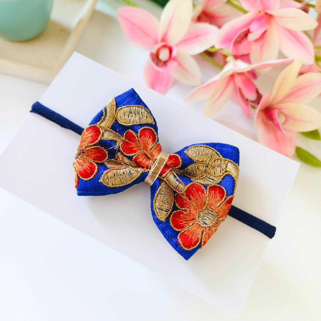Blue Phoolwari Big Bow Soft Headband