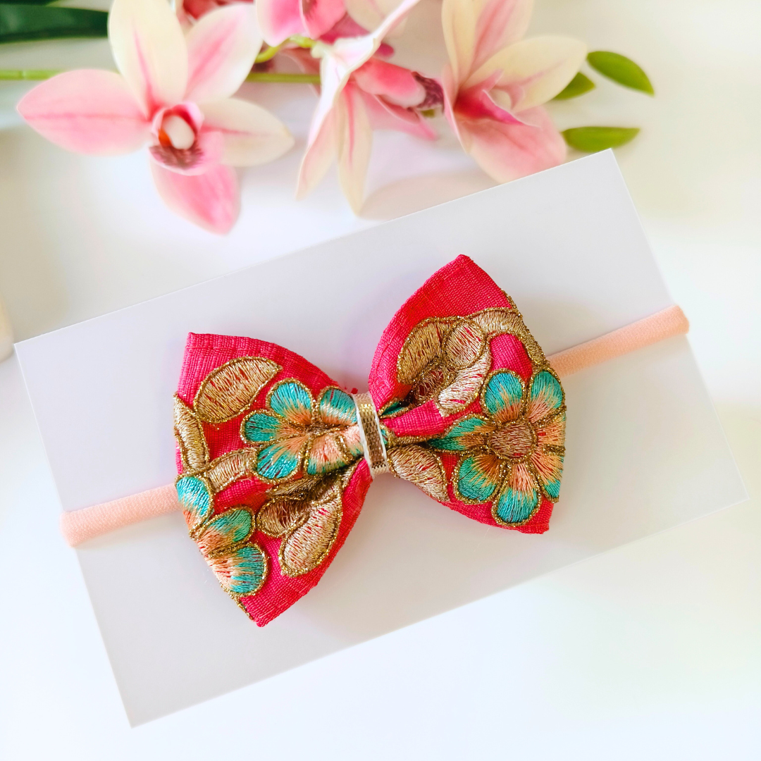 Peach Phoolwari Big Bow Soft Headband