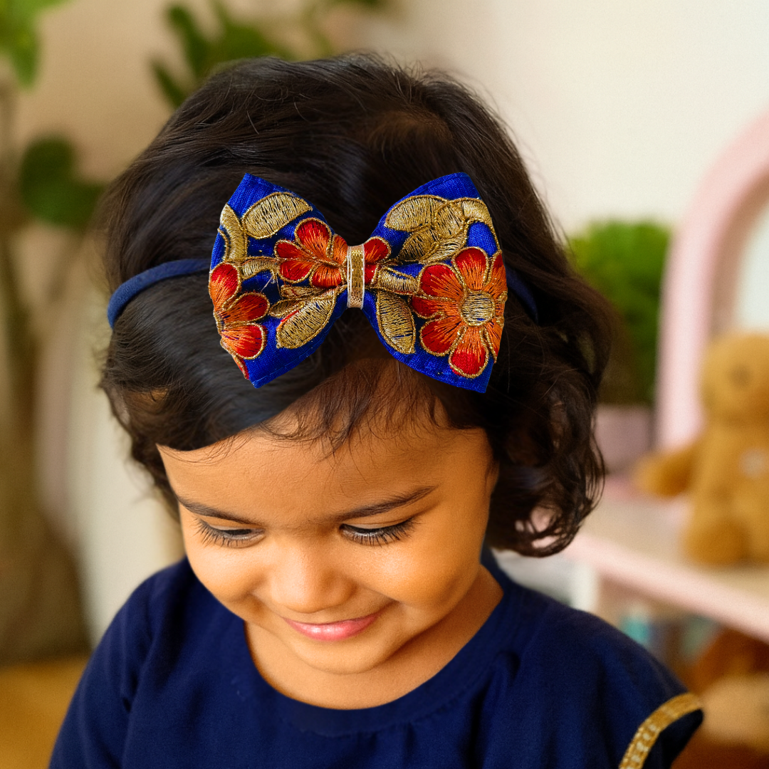 Blue Phoolwari Big Bow Soft Headband
