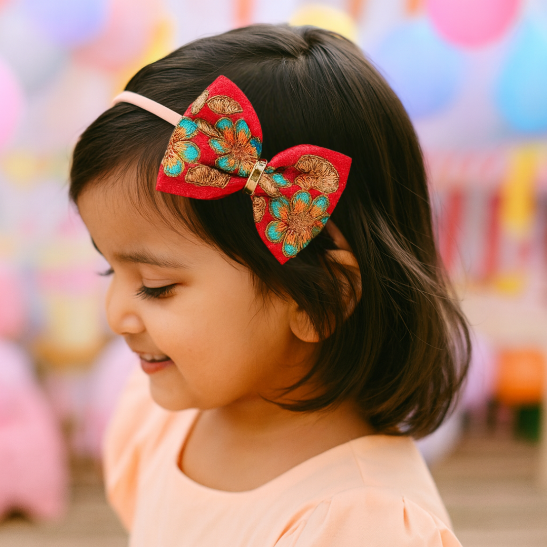 Peach Phoolwari Big Bow Soft Headband