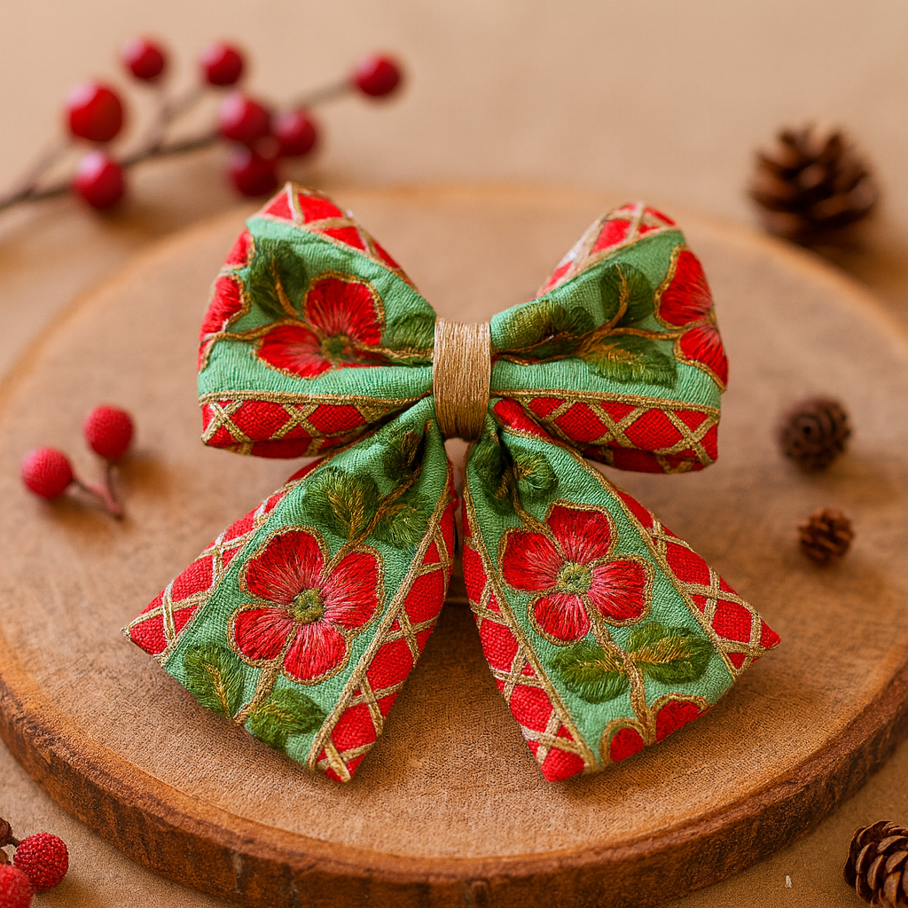 Phoolwari Big Bow Alligator Clip - Green & Red