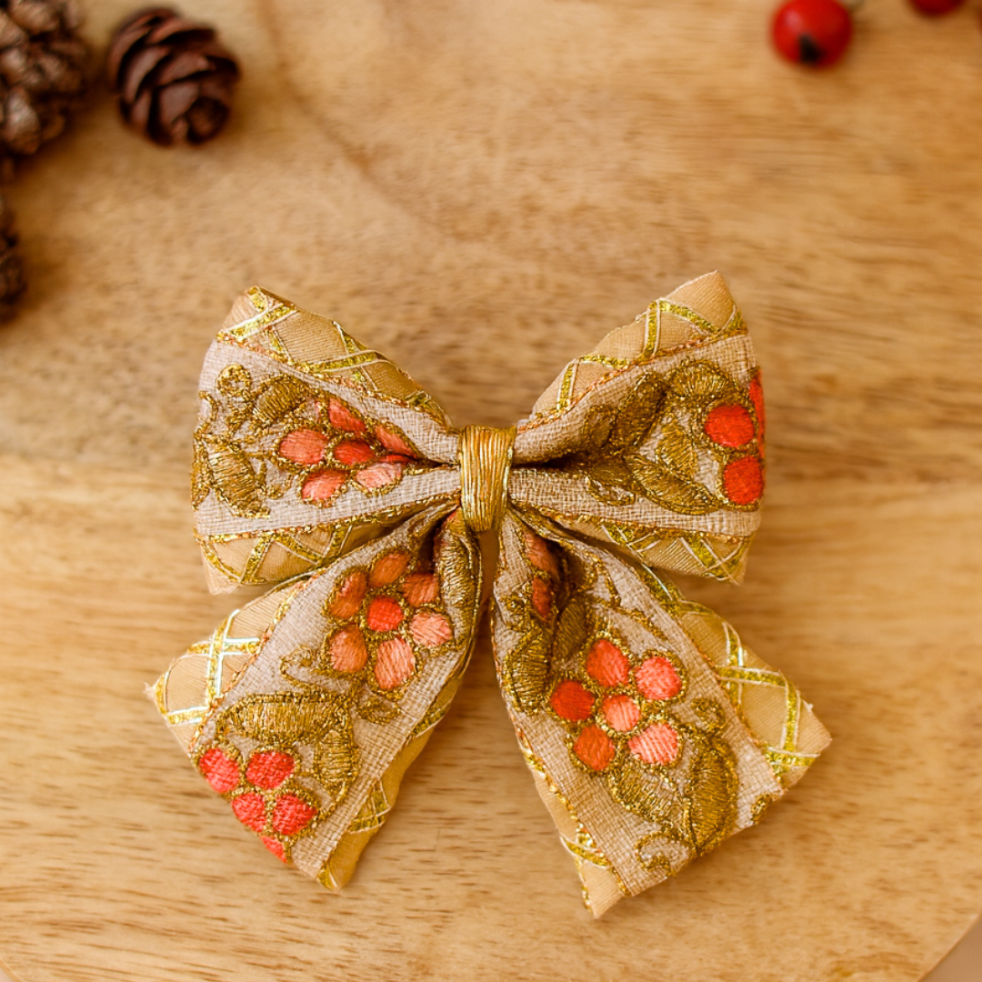 Phoolwari Big Bow Alligator Clip - Golden