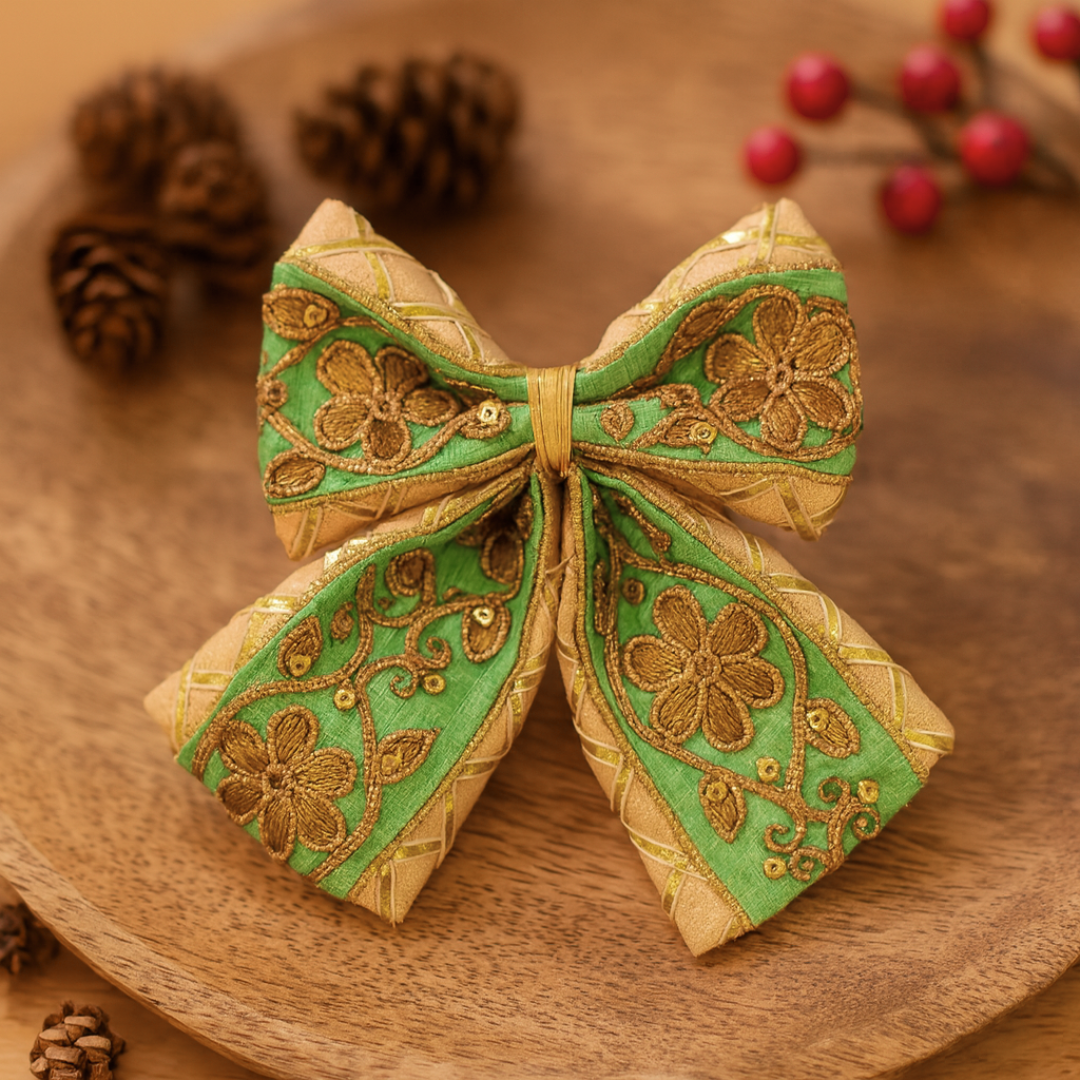 Phoolwari Big Bow Alligator Clip - Green & Golden