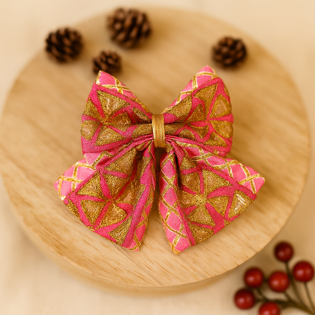 Phoolwari Big Bow Alligator Clip - Light Pink & Golden