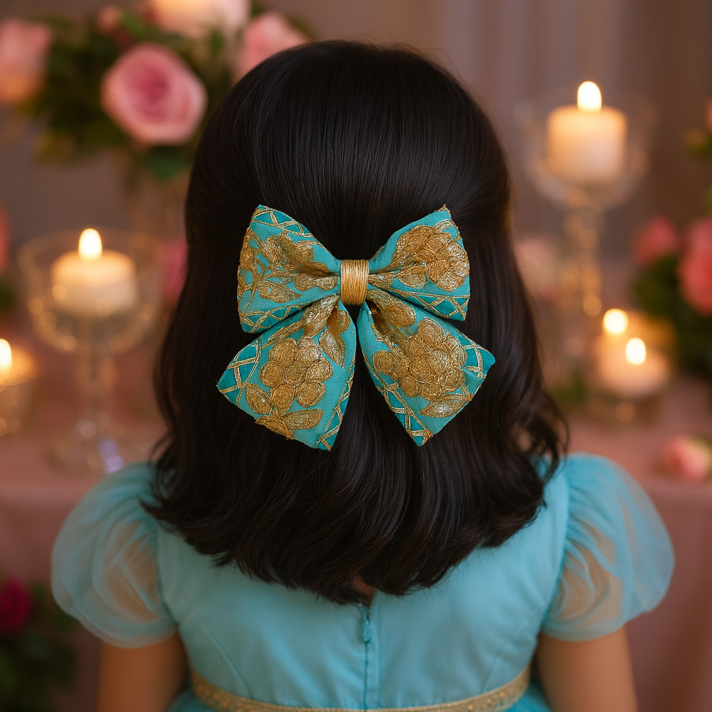 Phoolwari Big Bow Alligator Clip - Light Blue