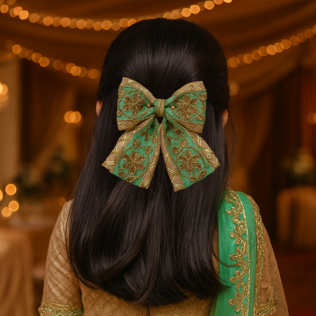 Phoolwari Big Bow Alligator Clip - Green & Golden