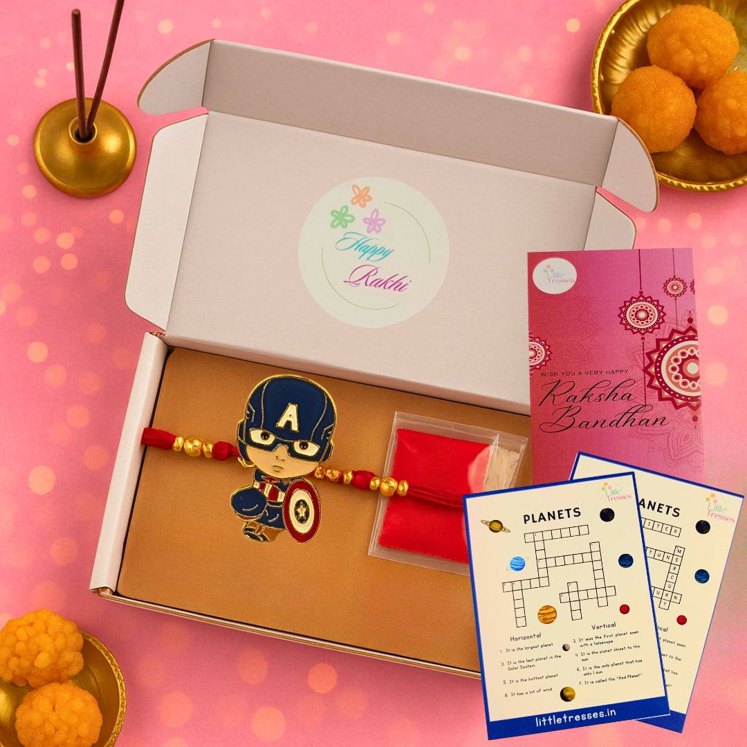 Captain America Rakhi for Boys – Rakhi Gift Box with Roli, Rice, 2 Fun Cards & Greeting Card