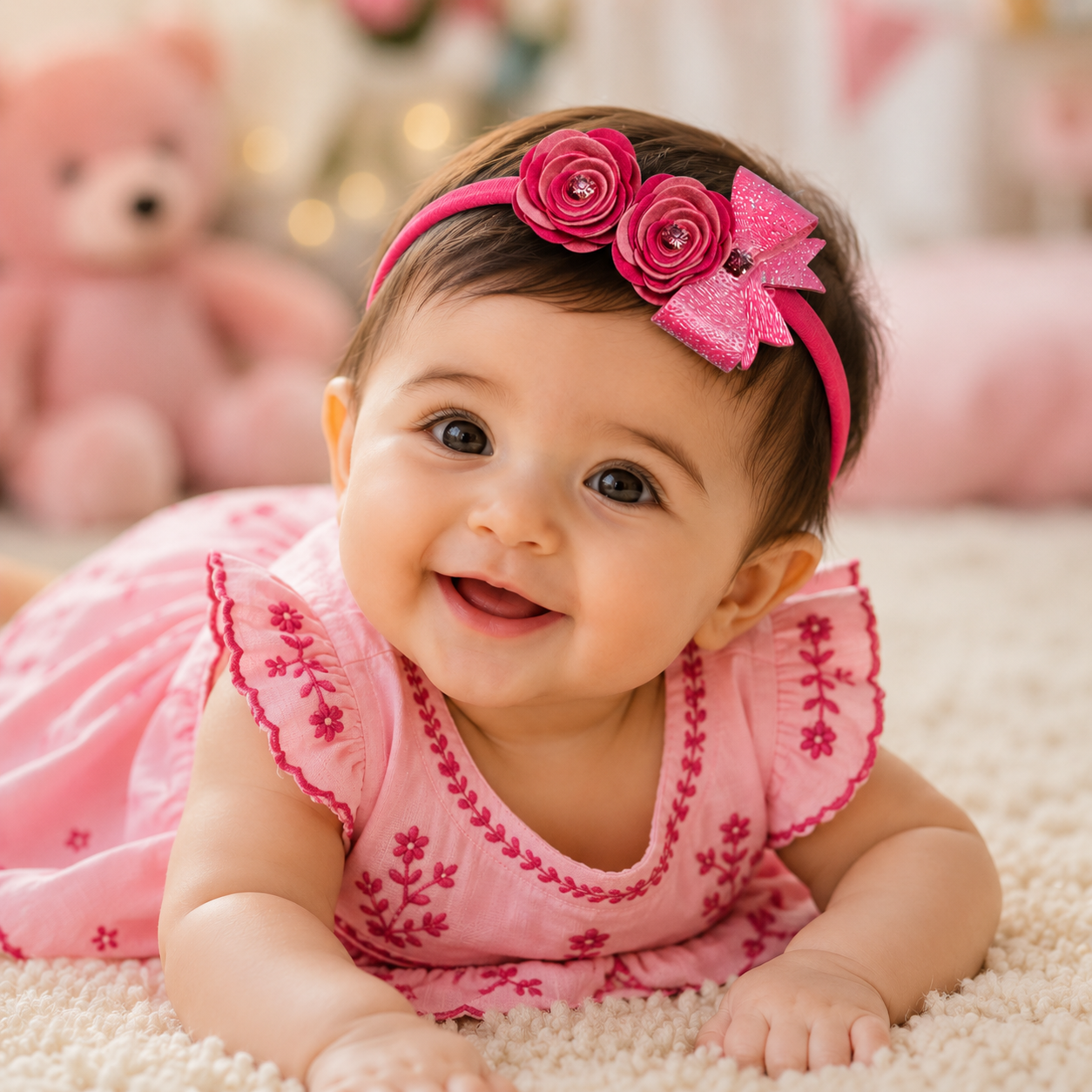 Roses with Bow Soft Headband - Pink