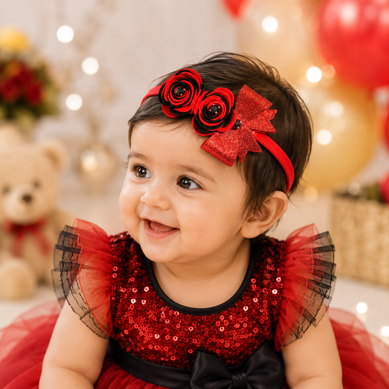 Roses with Bow Soft Headband - Red & Black