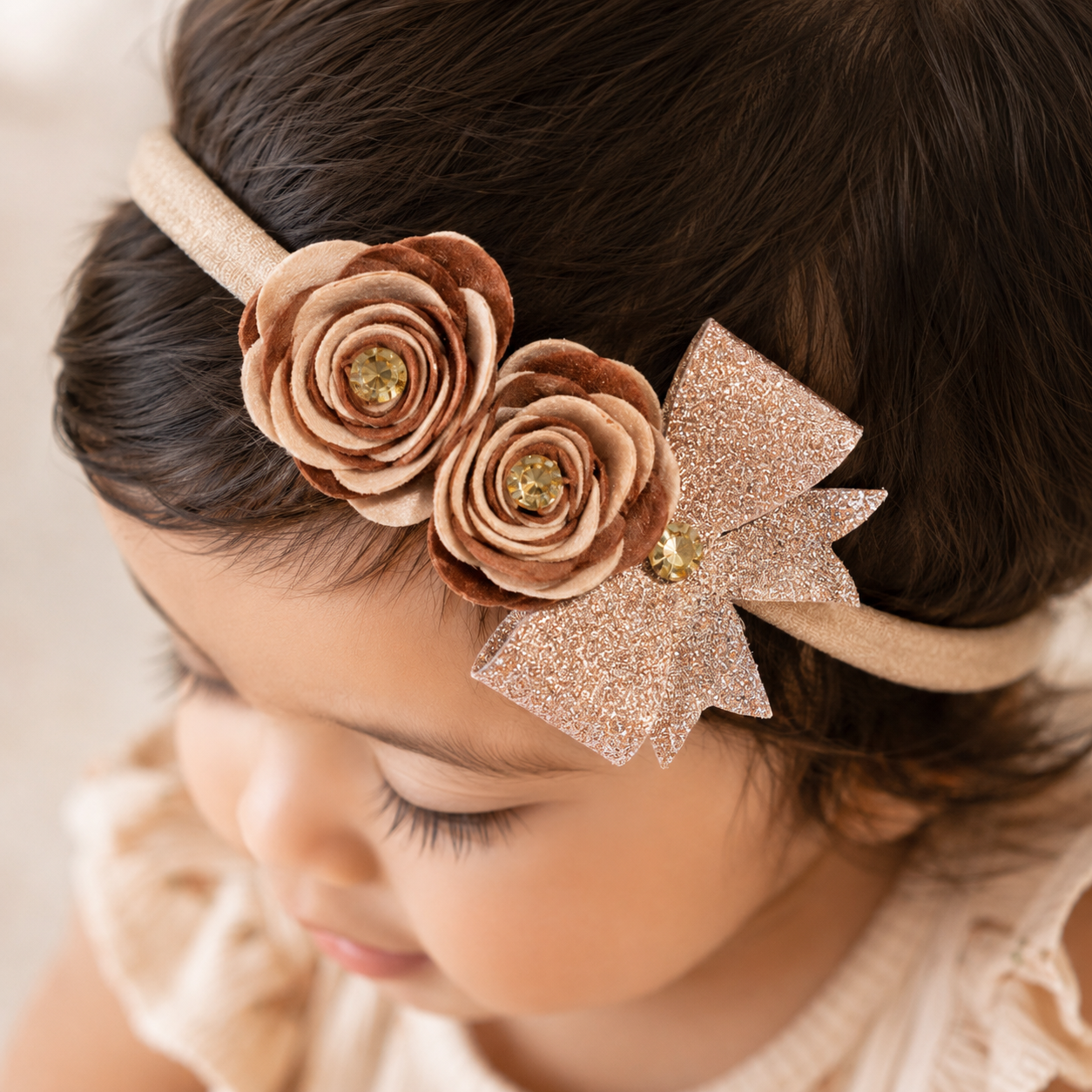 Roses with Bow Soft Headband - Brown & Rose Gold