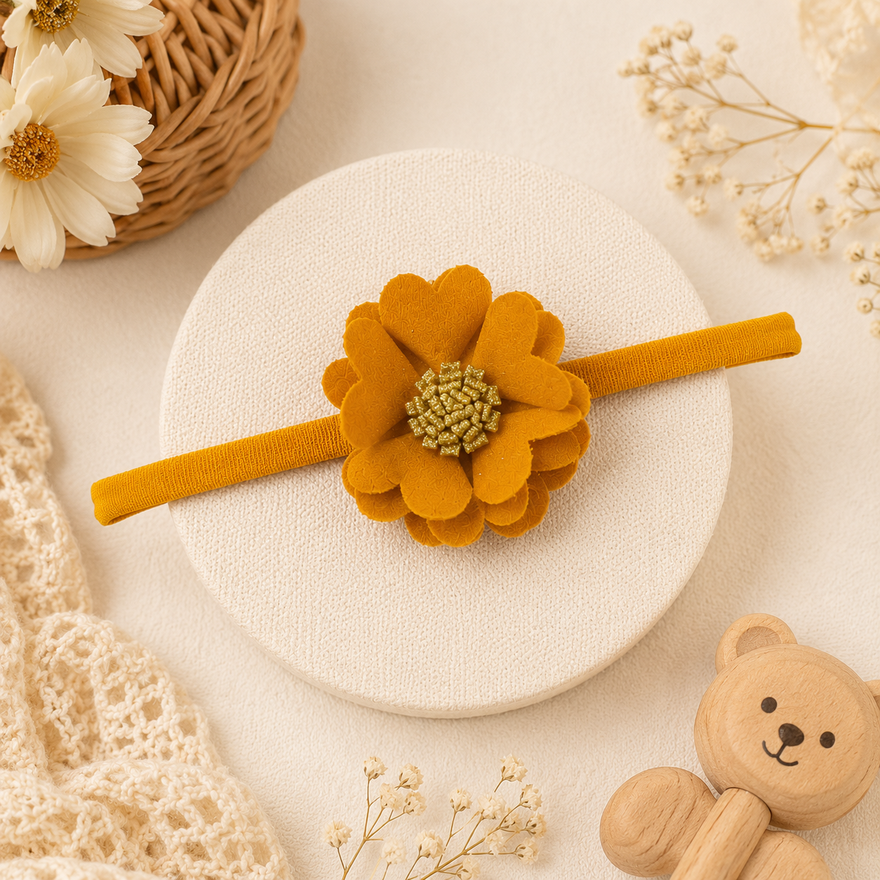 Scalloped Flower Soft Headband – Mustard