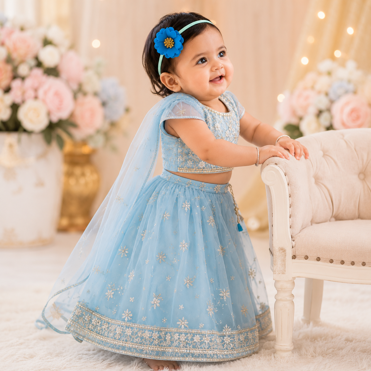 Scalloped Flower Soft Headband – Light Blue