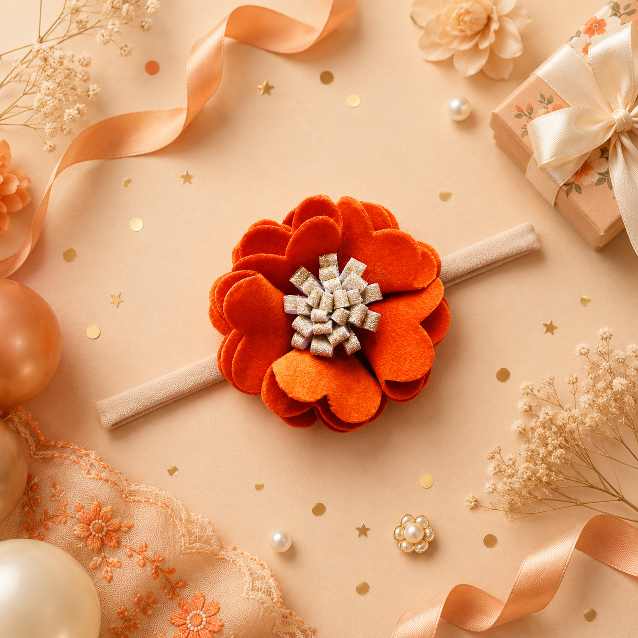 Scalloped Flower Soft Headband – Orange