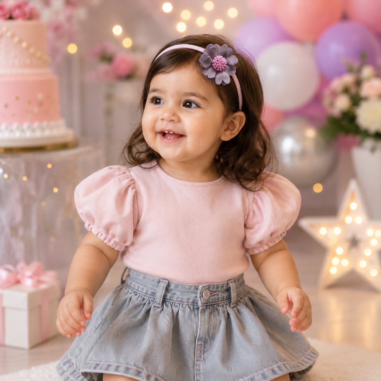 Scalloped Flower Soft Headband – Grey