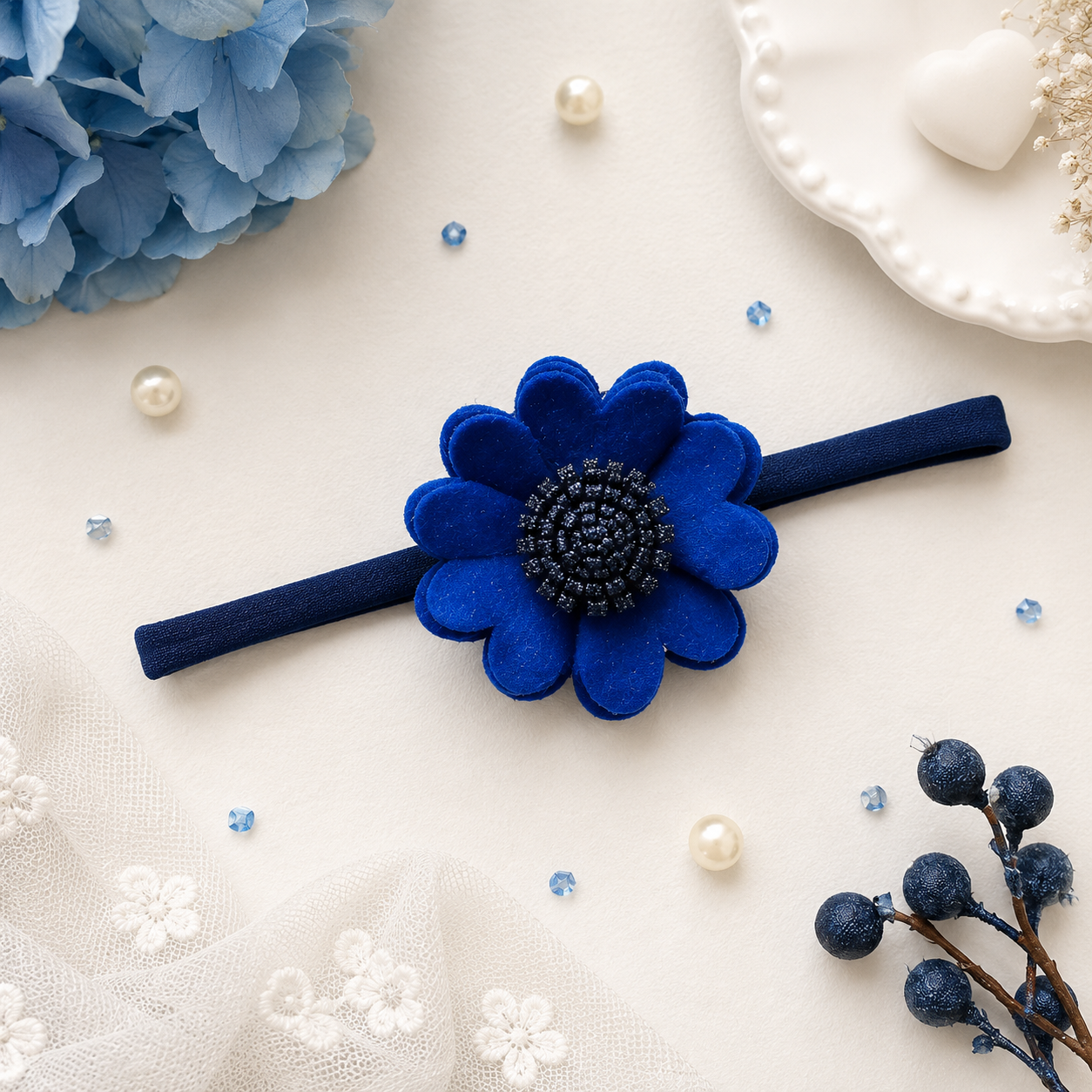 Scalloped Flower Soft Headband – Dark Blue
