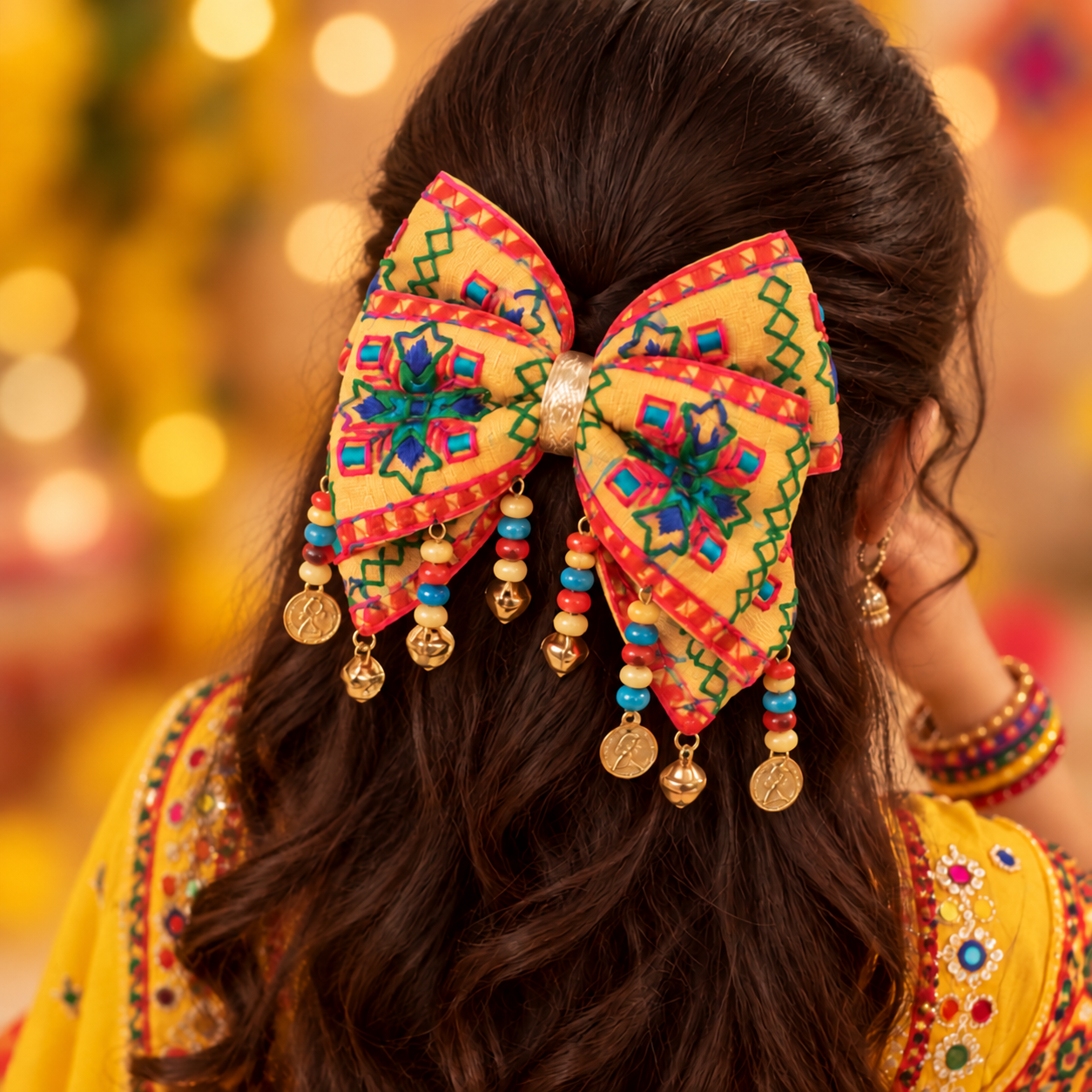 Rangeela Navratri Beaded Bow with Ghunghroo & Sikka Alligator Clip – Yellow
