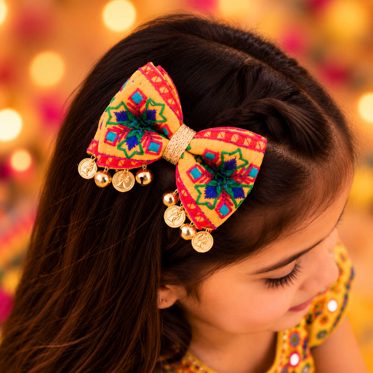 Rangeela Navratri Bow with Ghunghroo & Sikka Alligator Clip – Yellow