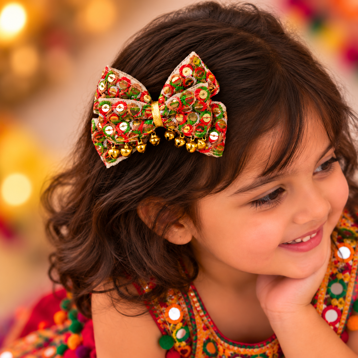 Sitaara Navratri Bow with Ghunghroo Alligator Clip – Orange & Green