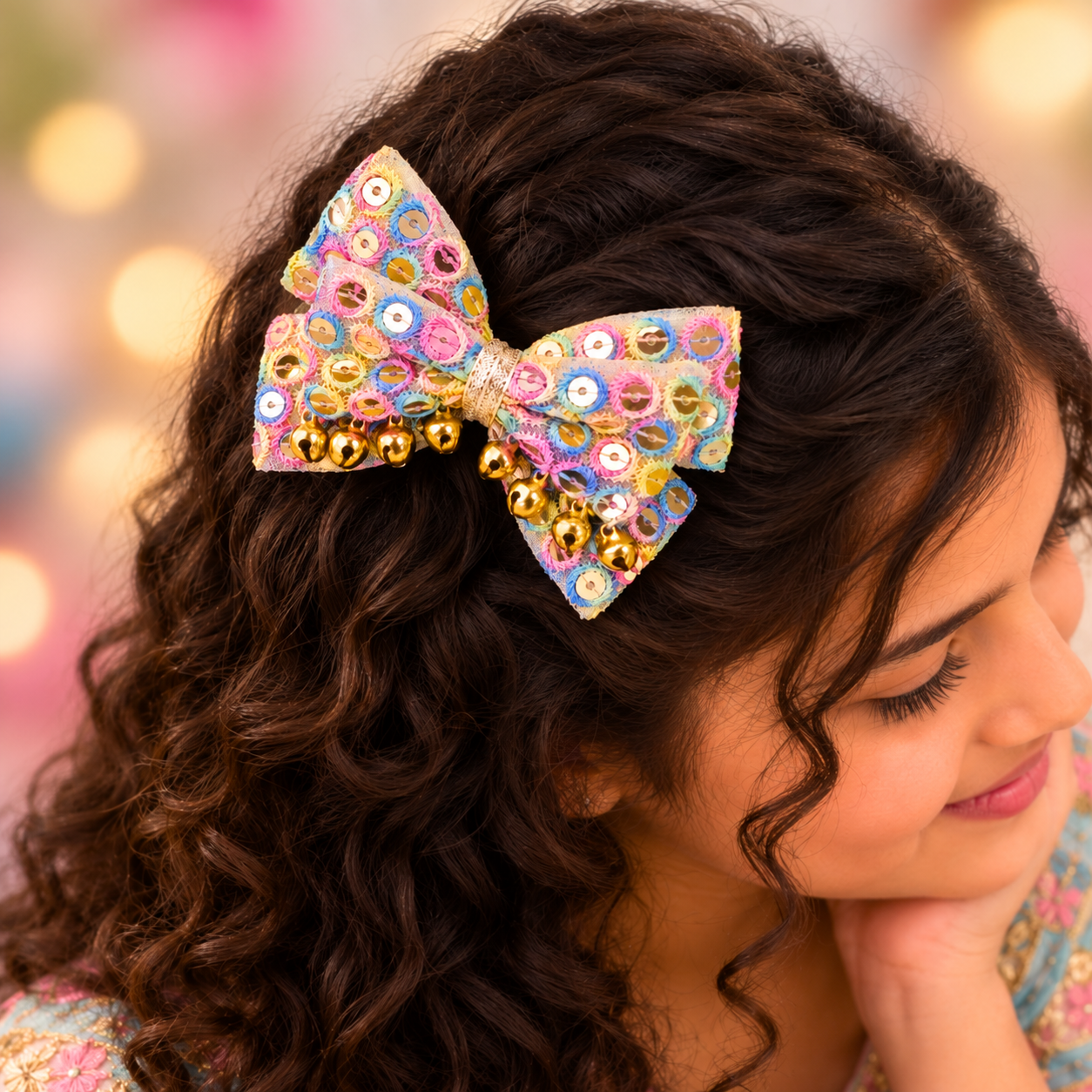 Sitaara Navratri Bow with Ghunghroo Alligator Clip – Pink & Blue