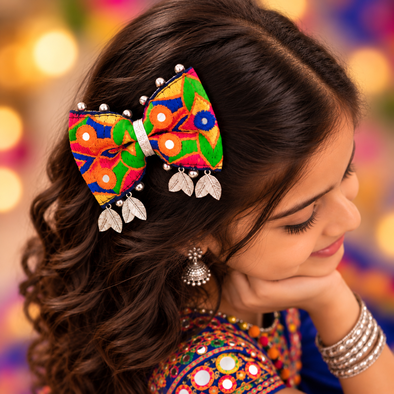 Utsavi Navratri Bow with Ghunghroo & Leaf Charms Alligator Clip