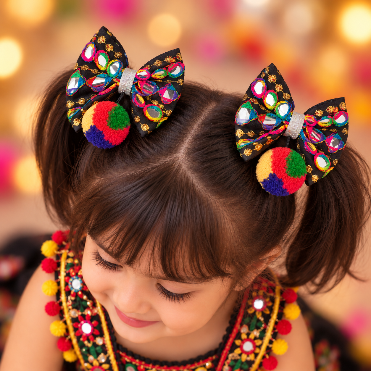 Navratri Bow with Dangling Pom-Pom Alligator Clip Pair