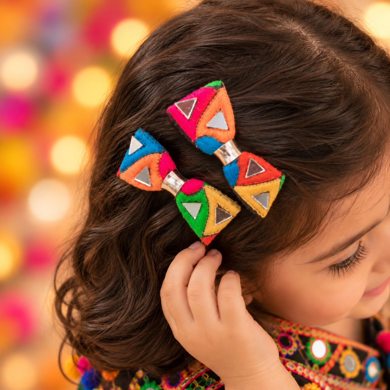 Navratri Multicolor Triangular Mirror Bow Alligator Clip Pair