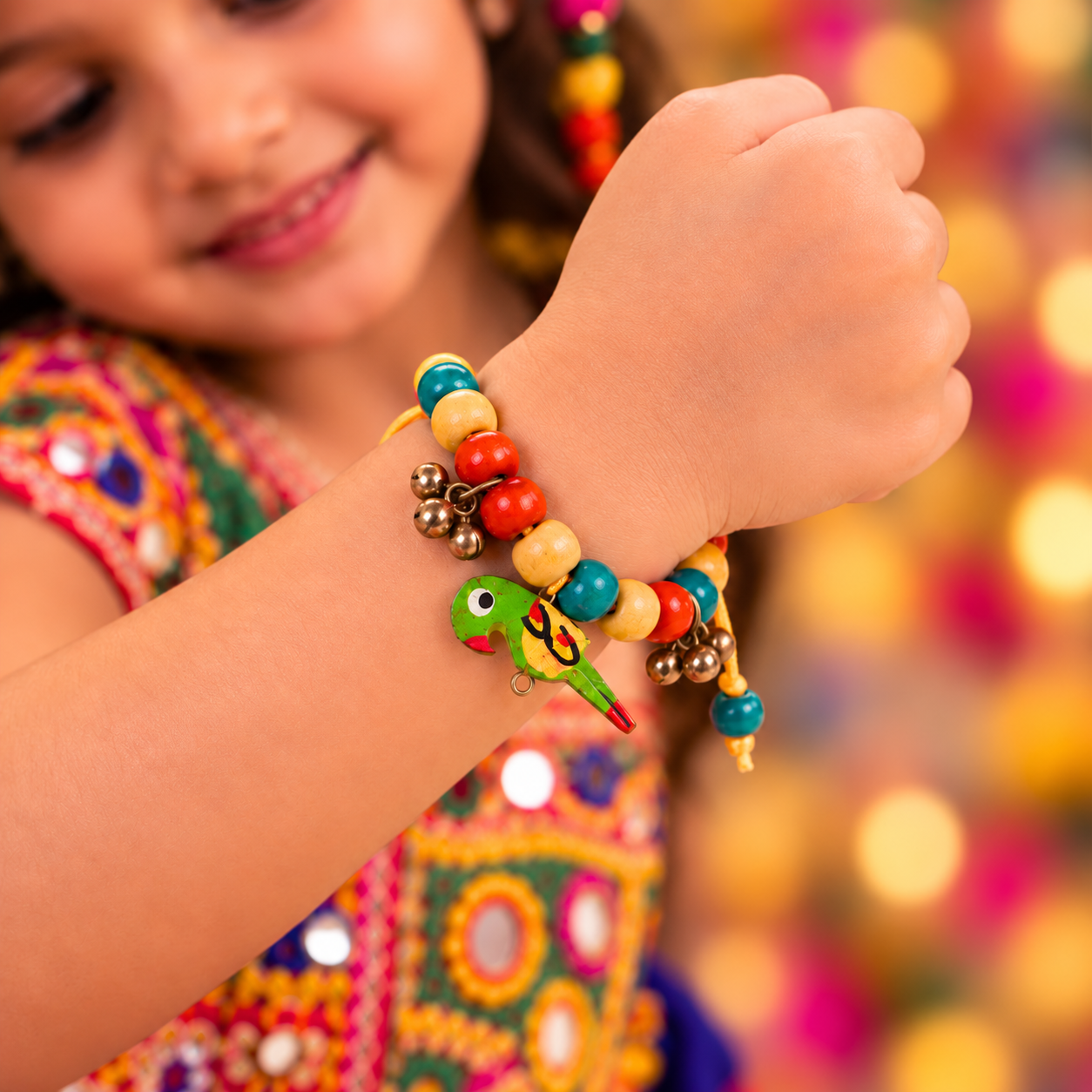 Navratri Parrot Adjustable Bracelet with Ghunghroo - Green