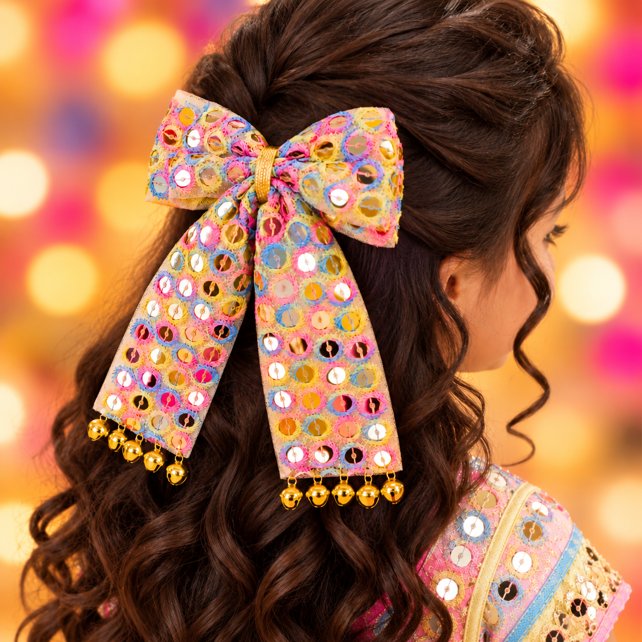 Sitaara Navratri PiggyTail Bow Alligator Clip - Pink & Blue