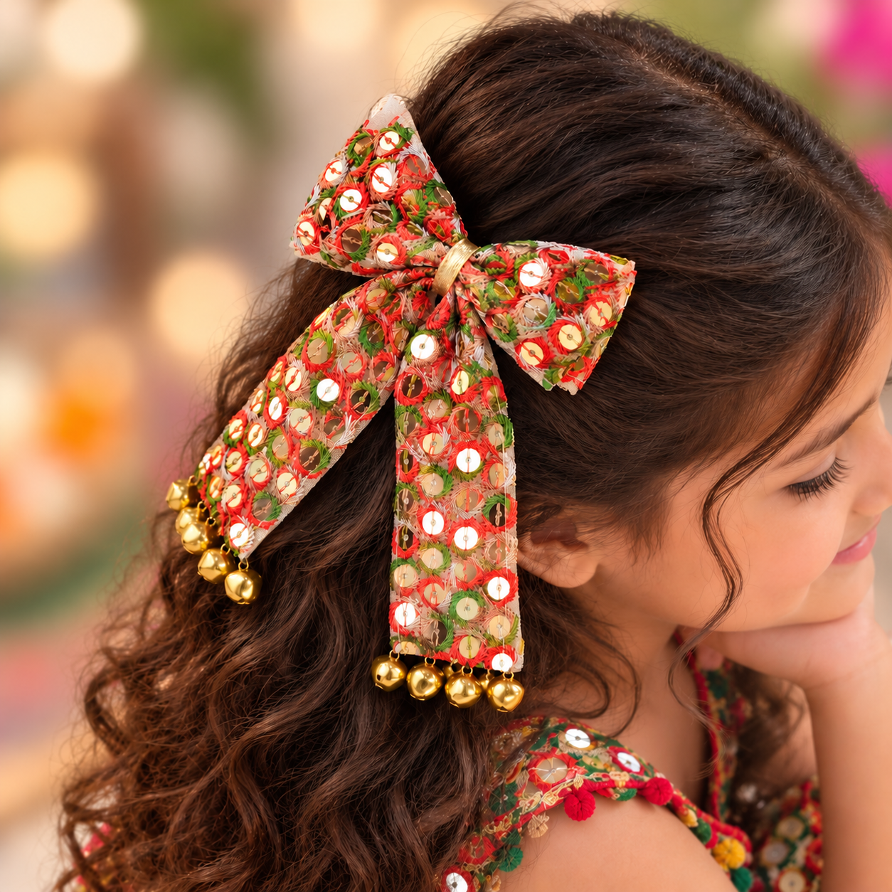 Sitaara Navratri PiggyTail Bow Alligator Clip - Orange & Green