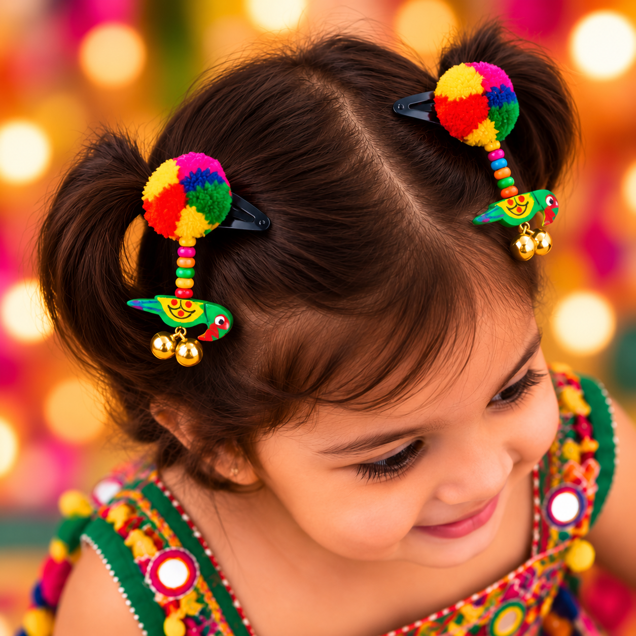 Navratri Parrot & Pompom Snap-On Clips – Green