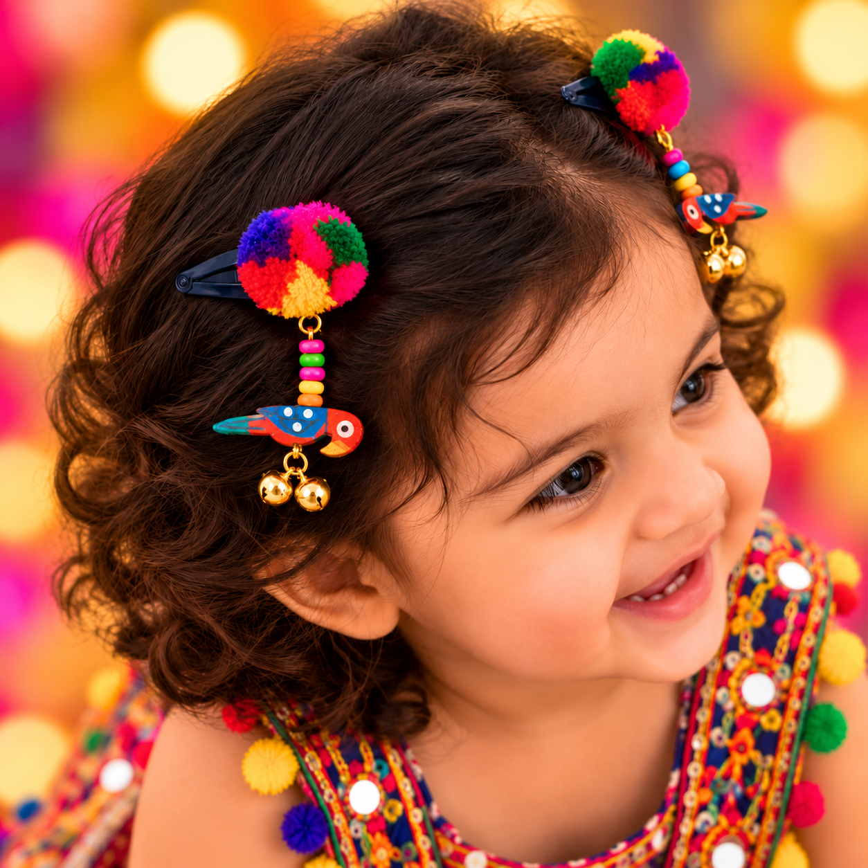 Navratri Parrot & Pompom Snap-On Clips – Red