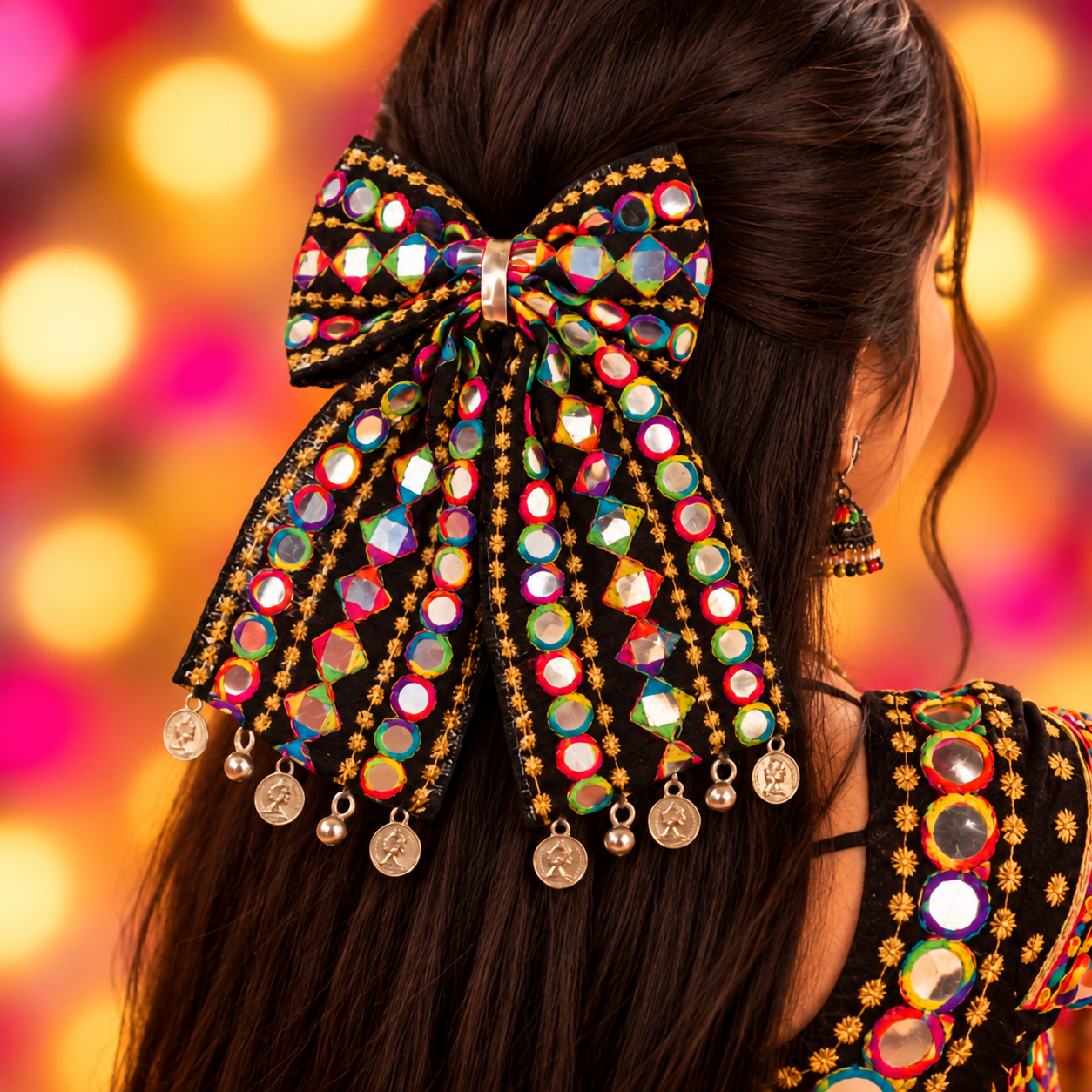 RaatRani Navratri PiggyTail Bow with Silver Coin Alligator Clip