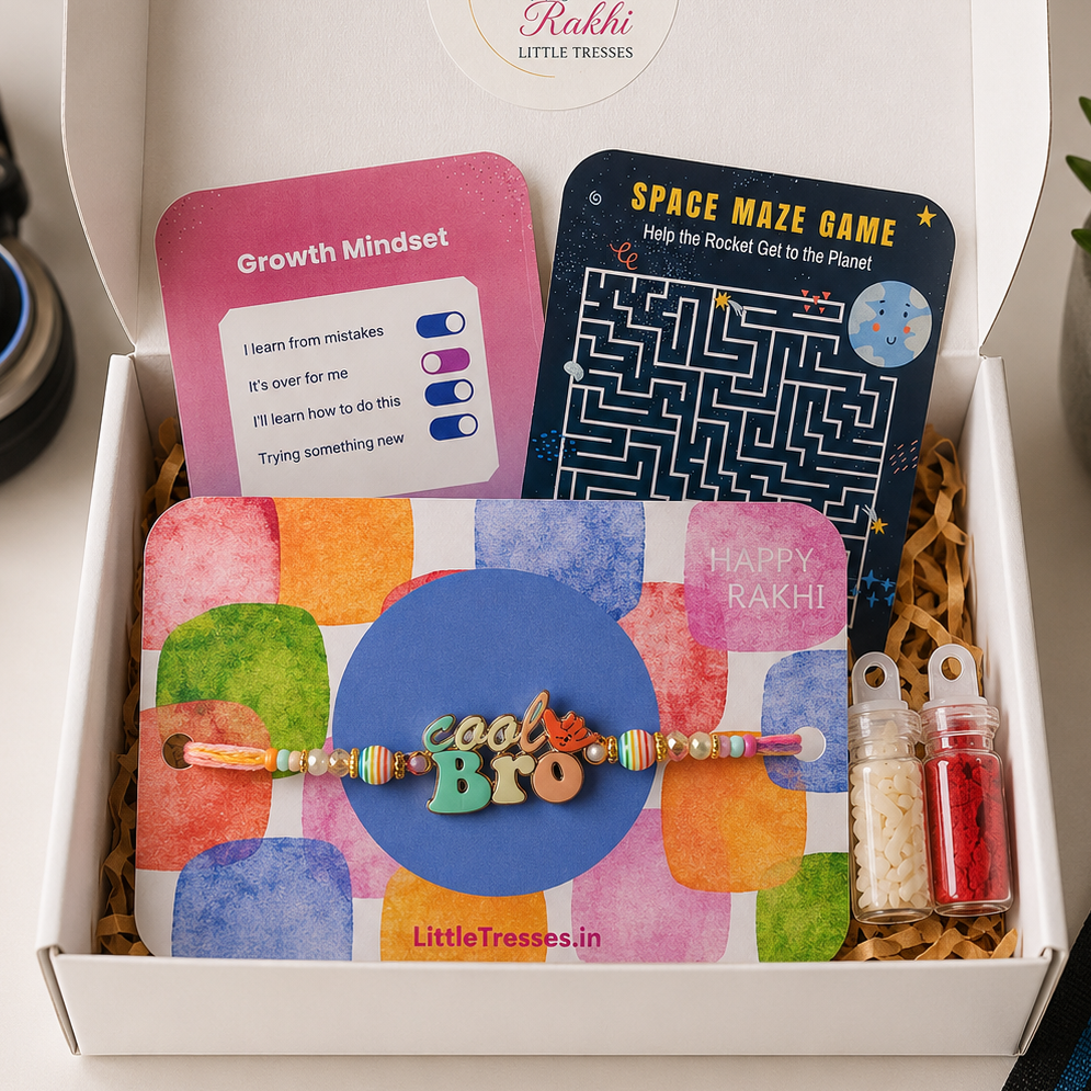 Celebrate Raksha Bandhan with the Little Tresses Cool Bro Rakhi Gift Box. Includes a Cool Bro Rakhi, activity cards, greeting card, roli bottle and rice bottle in a premium gift-ready box for boys aged 2+ years.