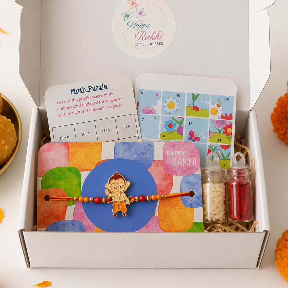 Celebrate Raksha Bandhan with the Little Tresses Ganesha's Blessings Rakhi Gift Box. Includes a premium Lord Ganesha Rakhi, educational activity cards, greeting card, roli bottle and rice bottle in a beautifully packaged gift box.
