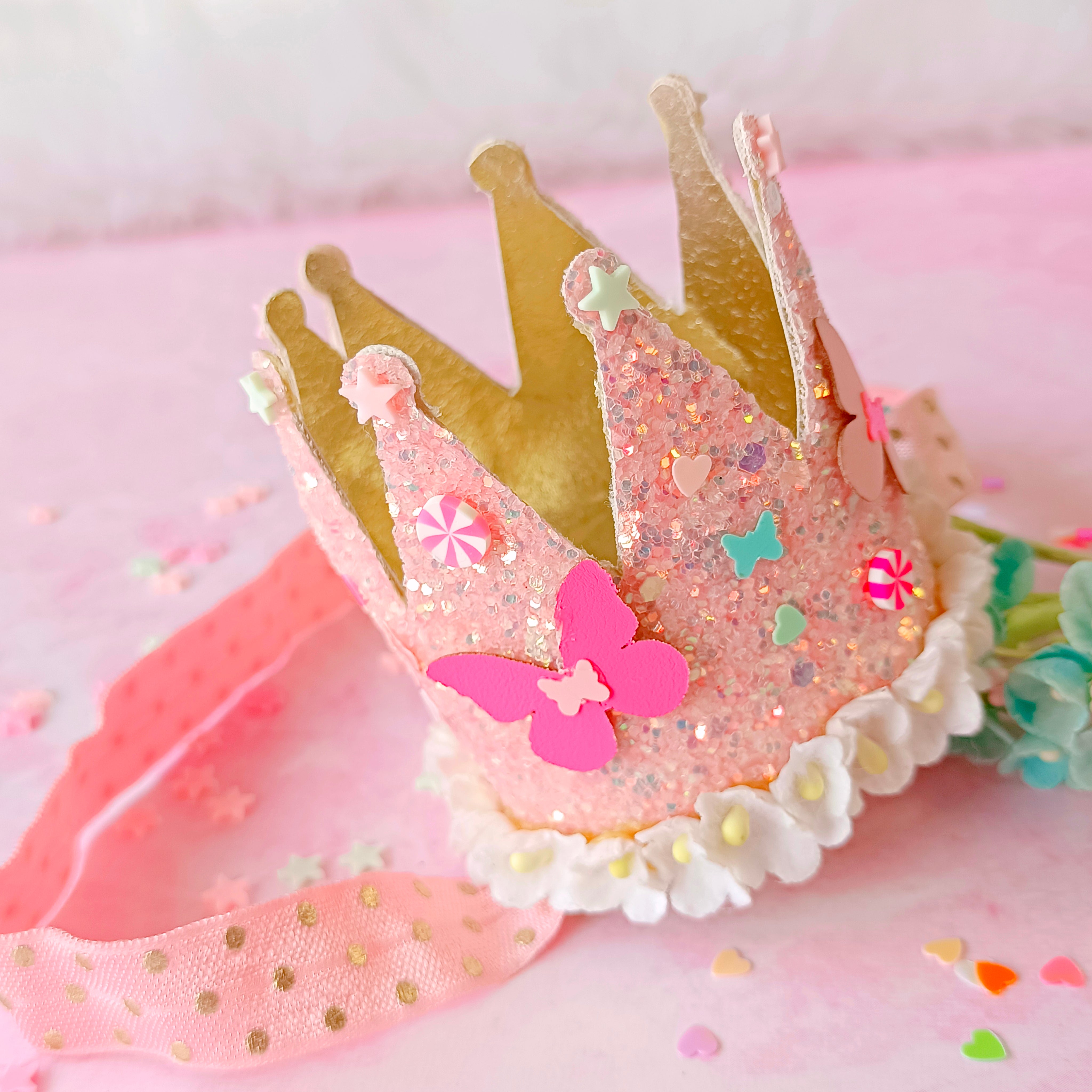 Baby crown headband with flowers and butterflies for 1st birthday