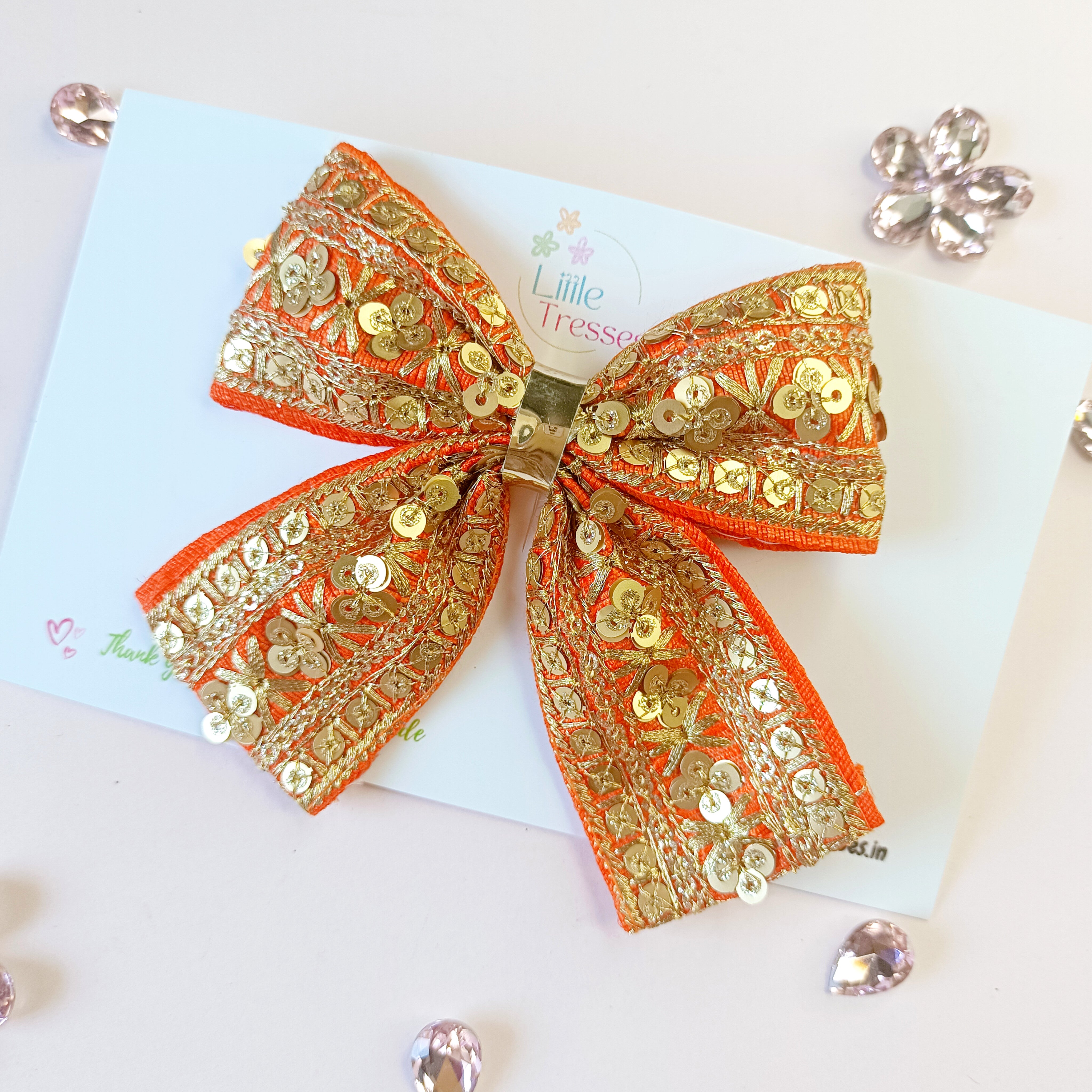 Piggy Tail Embroidery Bow Alligator Clip - Orange