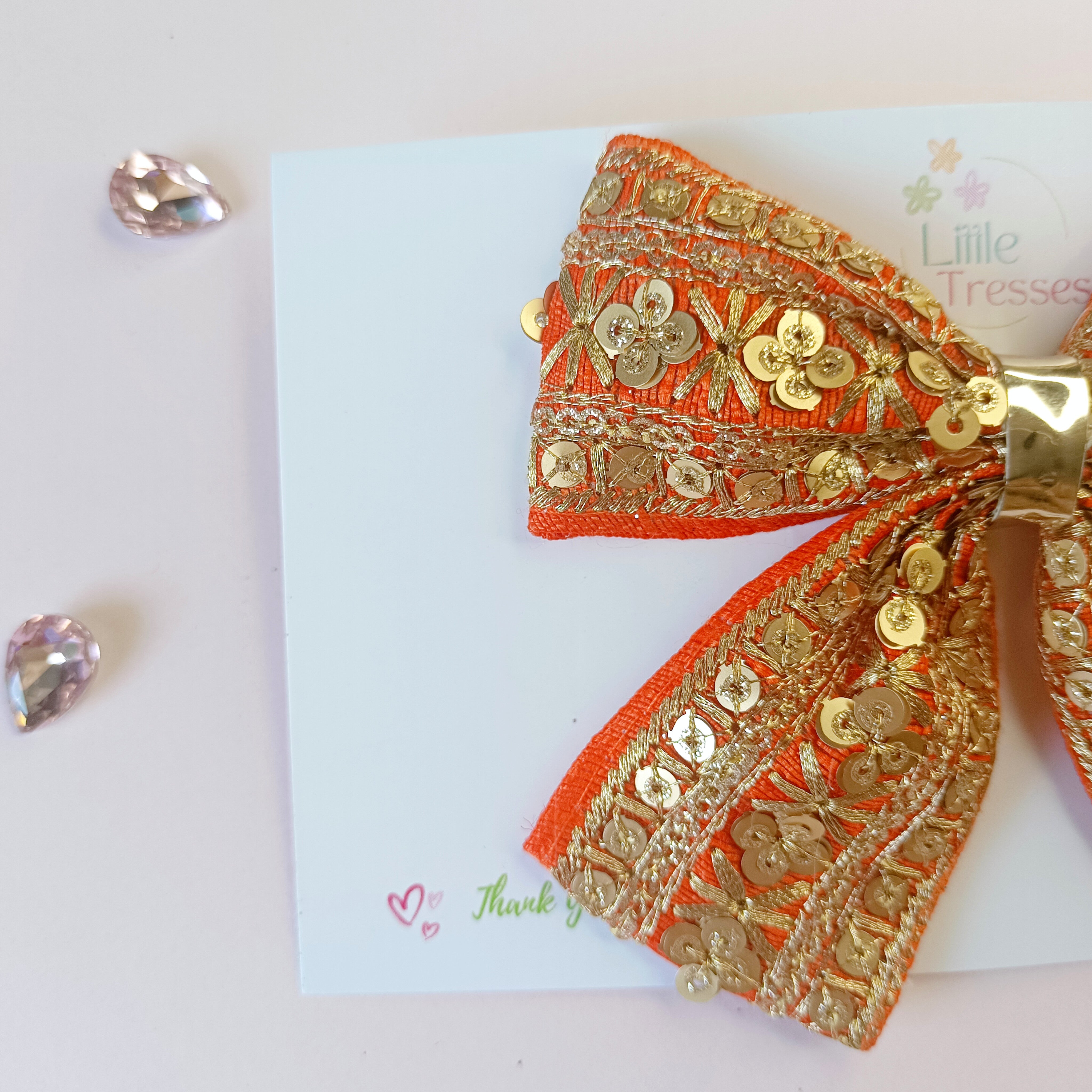 Piggy Tail Embroidery Bow Alligator Clip - Orange