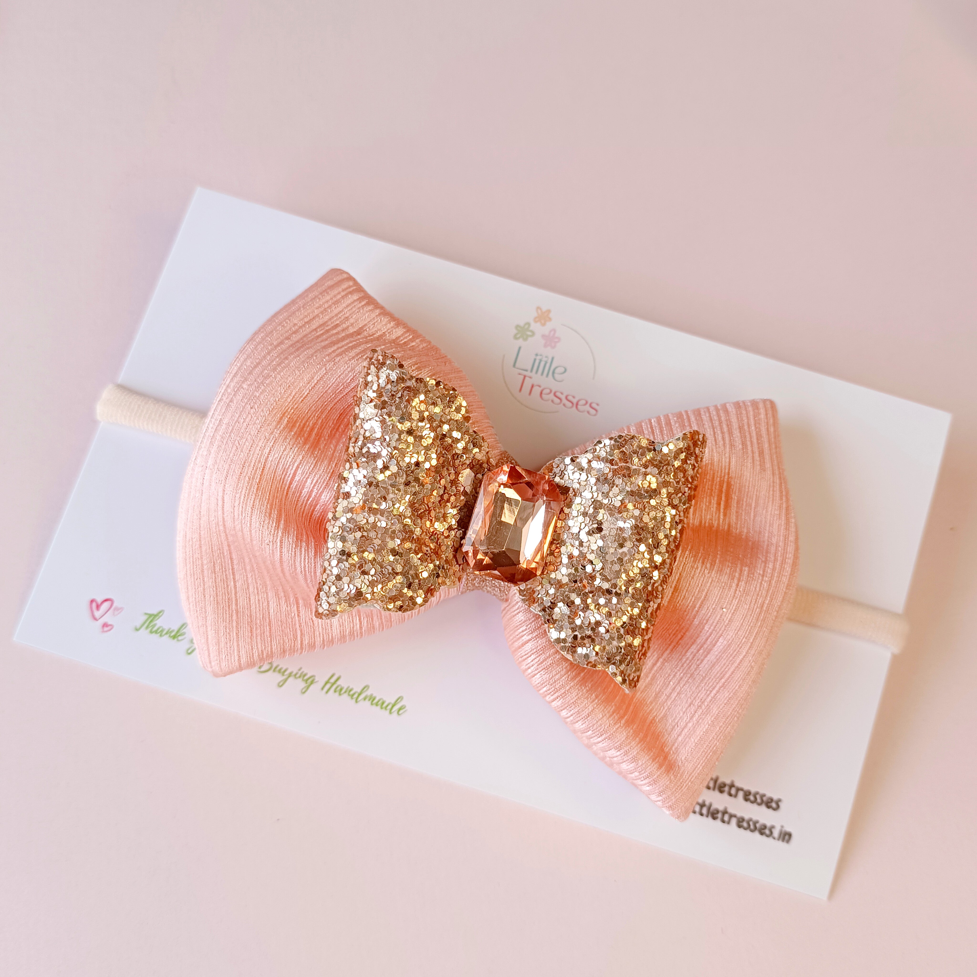 Big Partywear bow headband with bracelet - Peach & Rose Gold