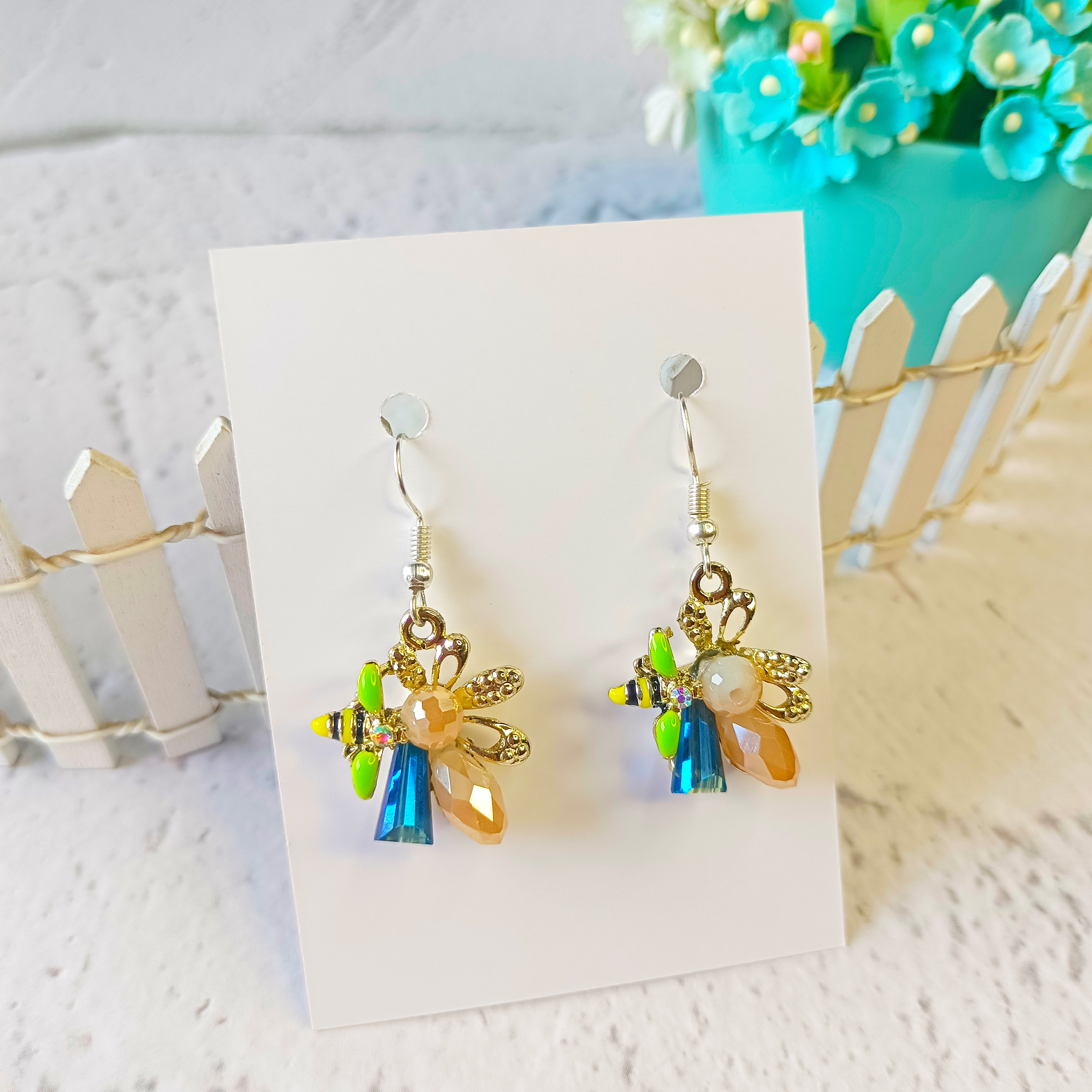 Honey Bee on Flower Earrings - Blue