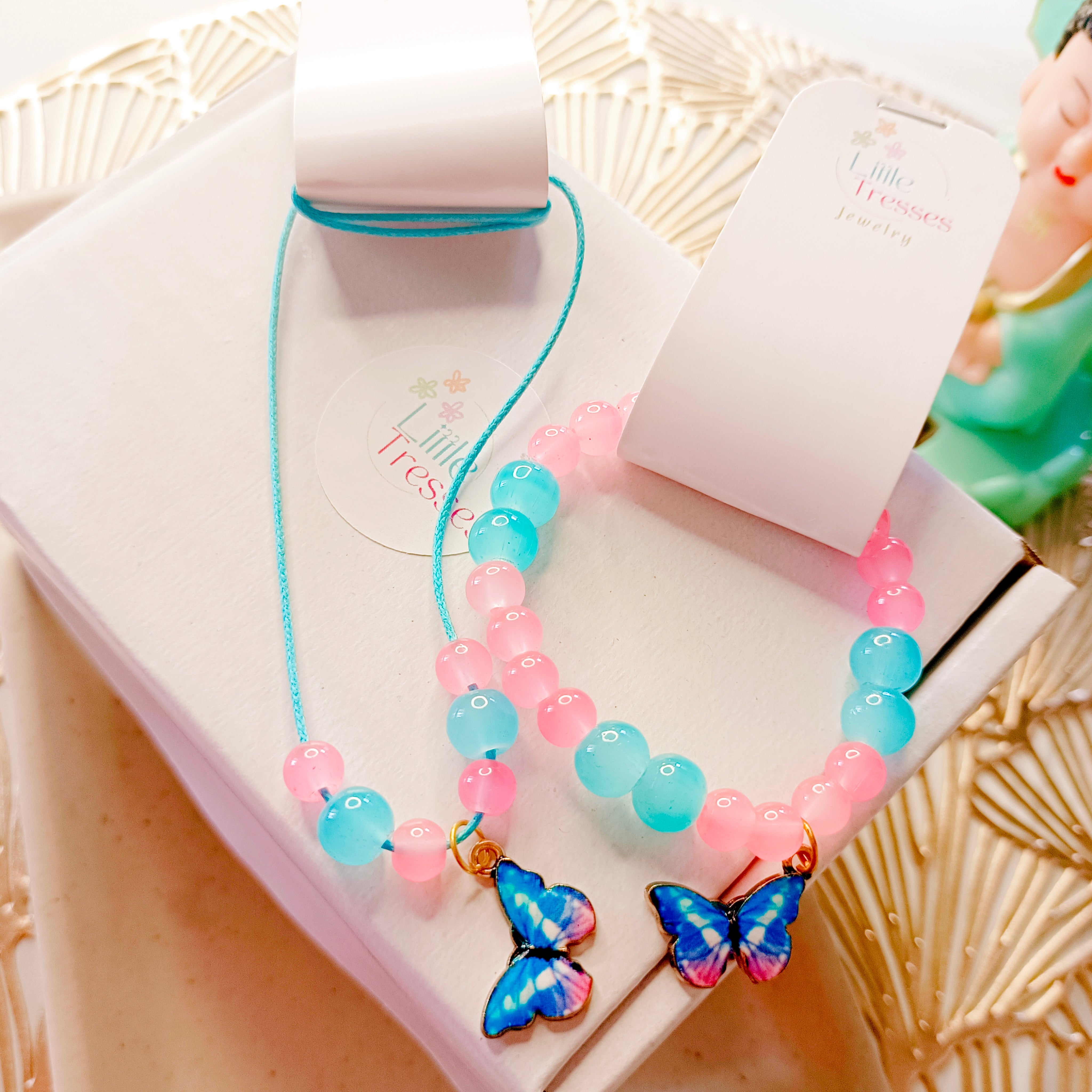 Butterfly Bracelet & Pendant Set - Blue & Pink