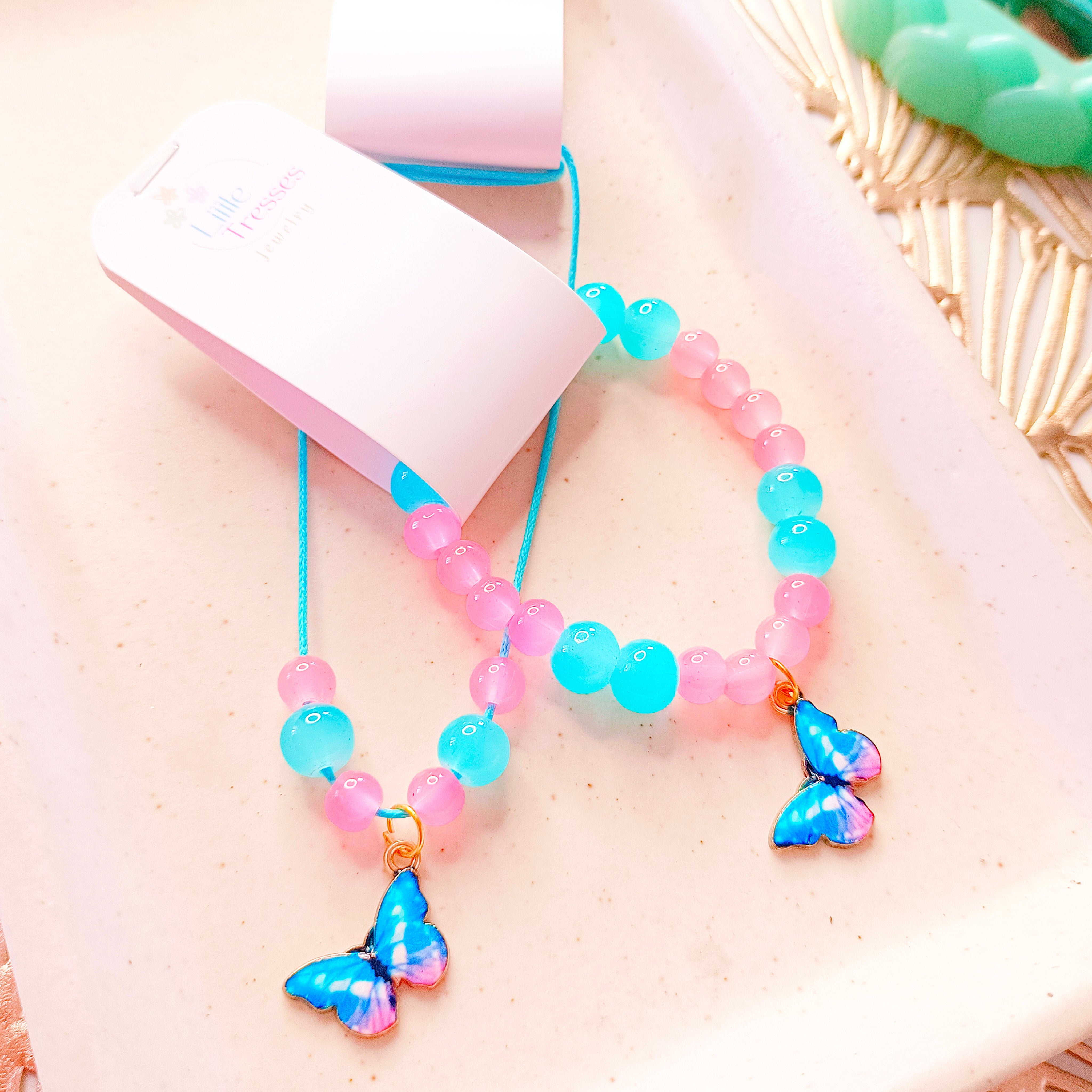 Butterfly Bracelet & Pendant Set - Blue & Pink