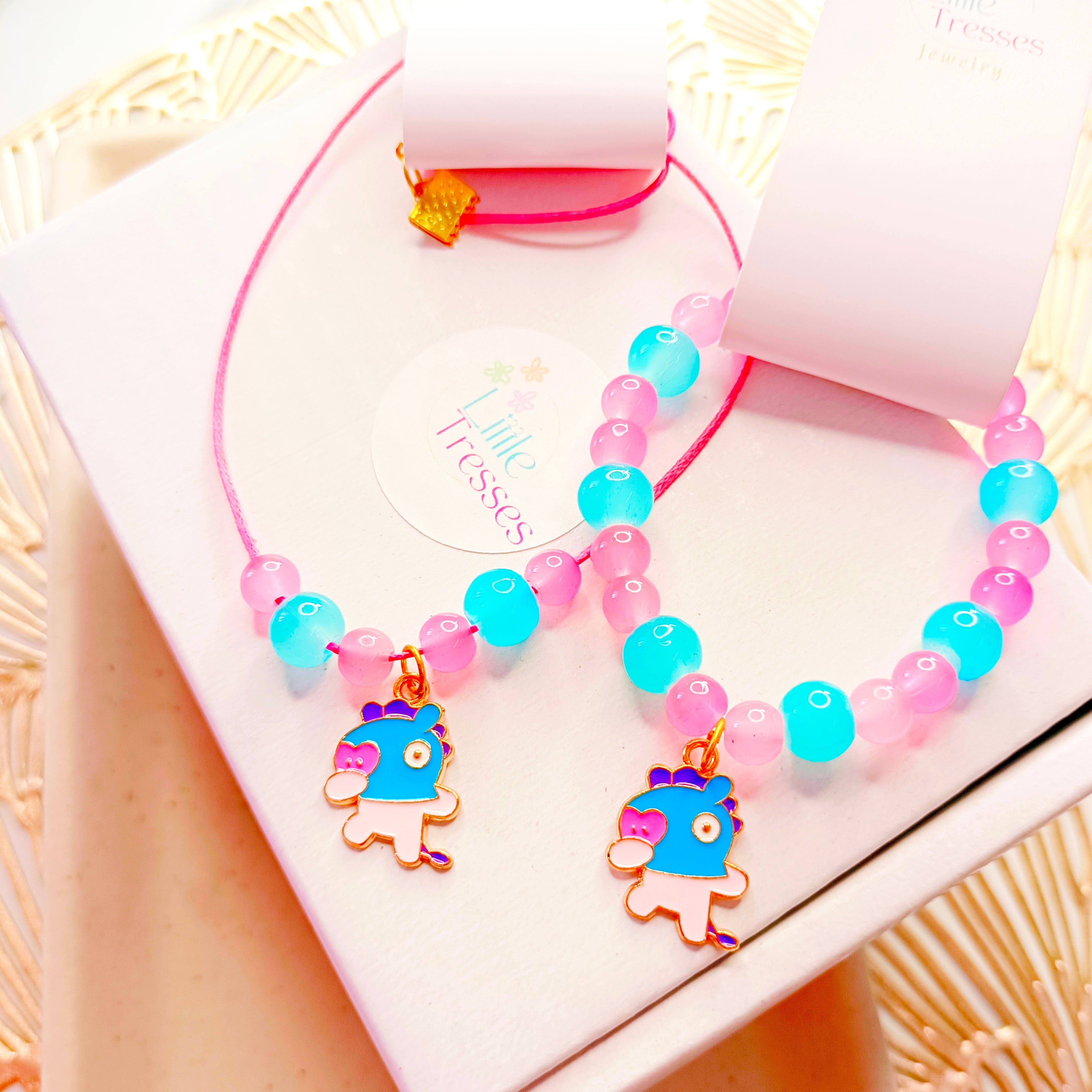 Little Dino Bracelet & Pendant Set - Blue & Pink