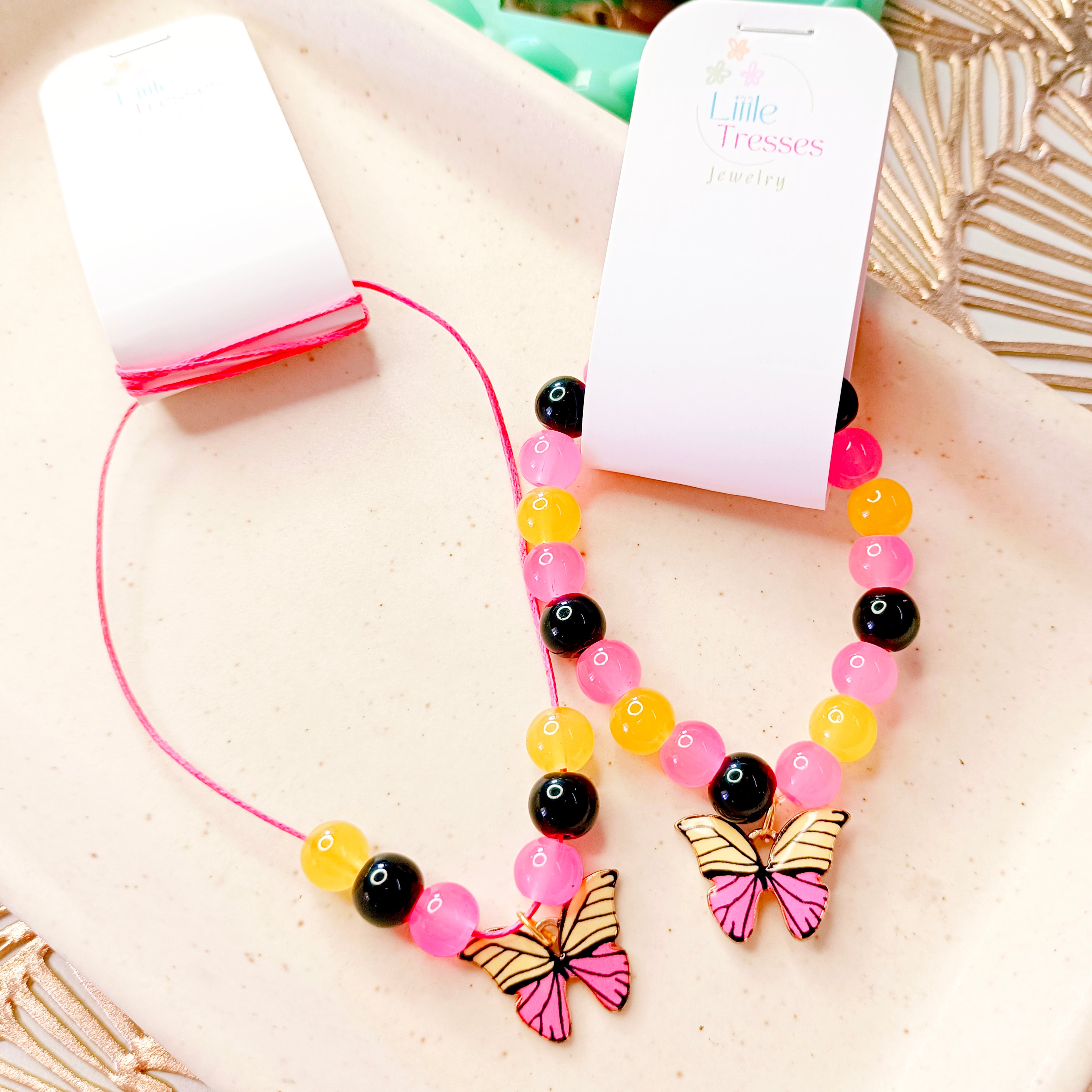 Butterfly Bracelet & Pendant Set - Pink & Yellow