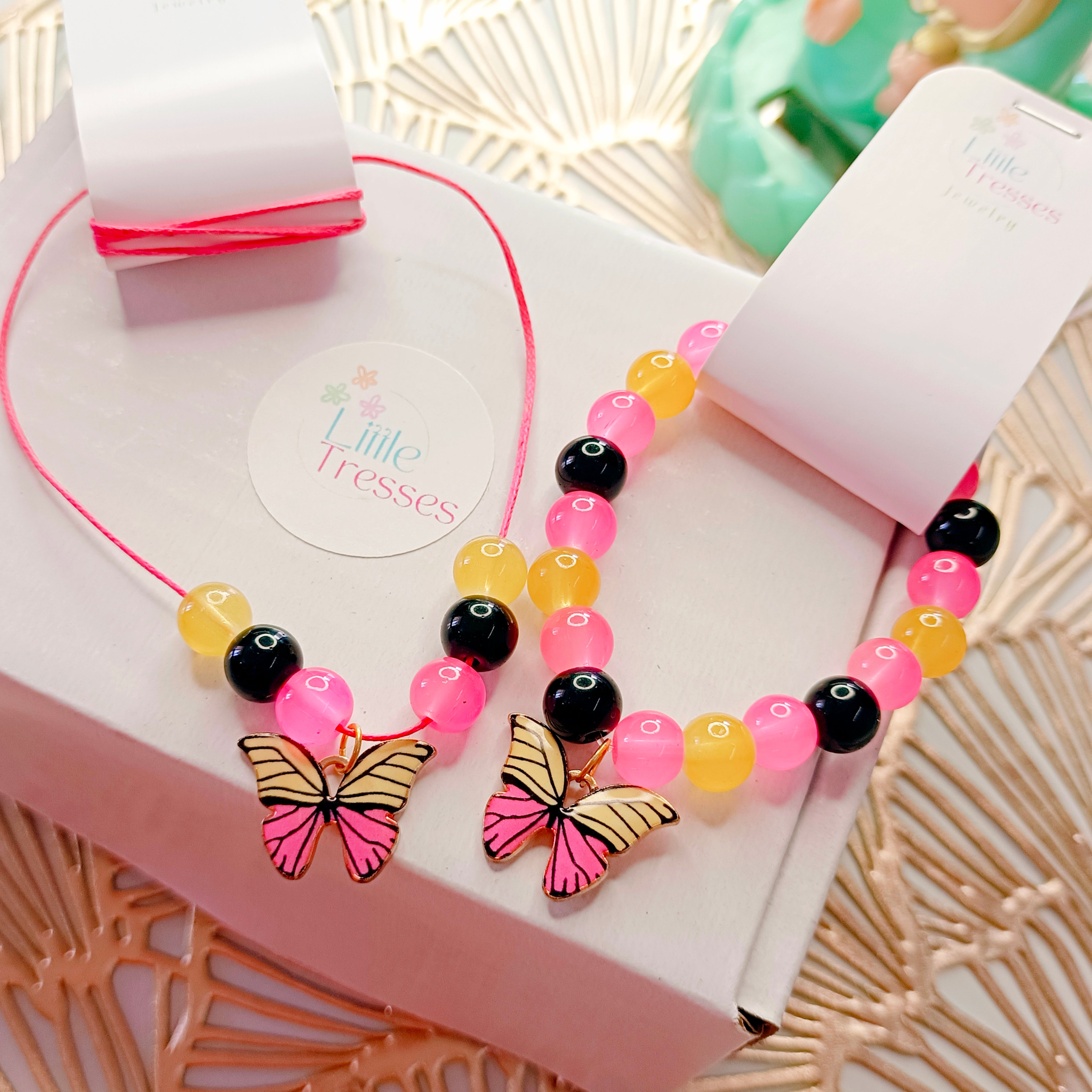 Butterfly Bracelet & Pendant Set - Pink & Yellow