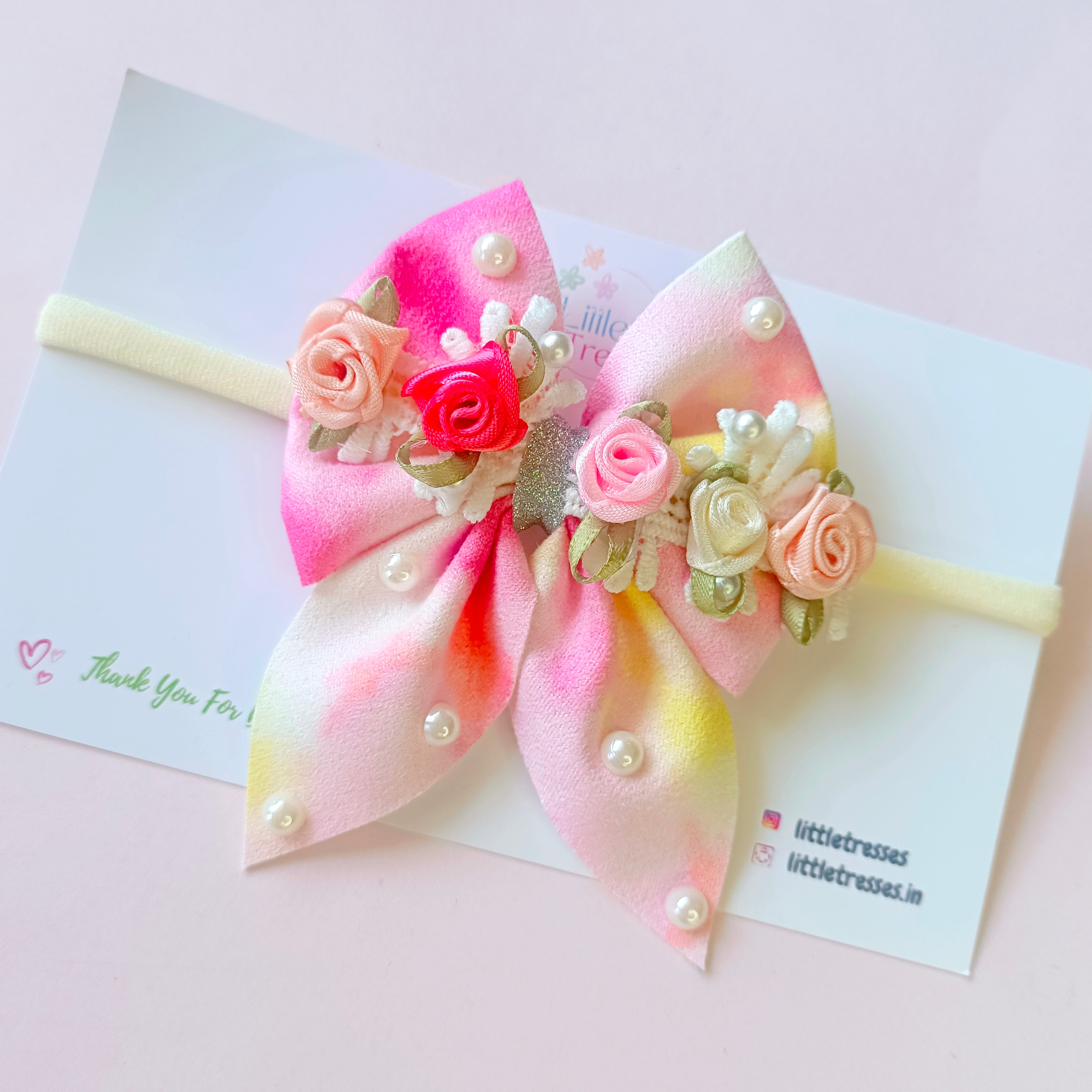 Partywear Flower and Pearls Piggy Bow Soft Headband