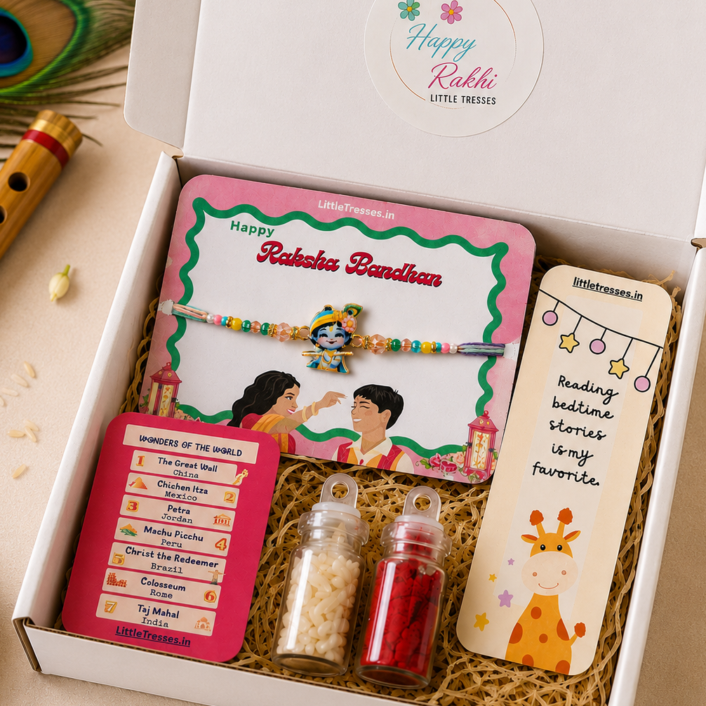 Celebrate Raksha Bandhan with the Little Tresses Krishna with Flute Rakhi Gift Box. Includes a premium Lord Krishna Rakhi, educational activity cards, greeting card, roli bottle and rice bottle in an elegant gift-ready box.